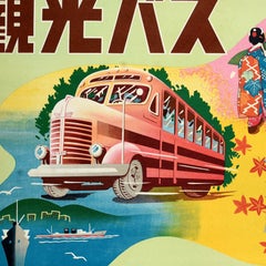 Original Vintage Asia Travel Poster Japan Sightseeing Bus Temple Kimono Nippon