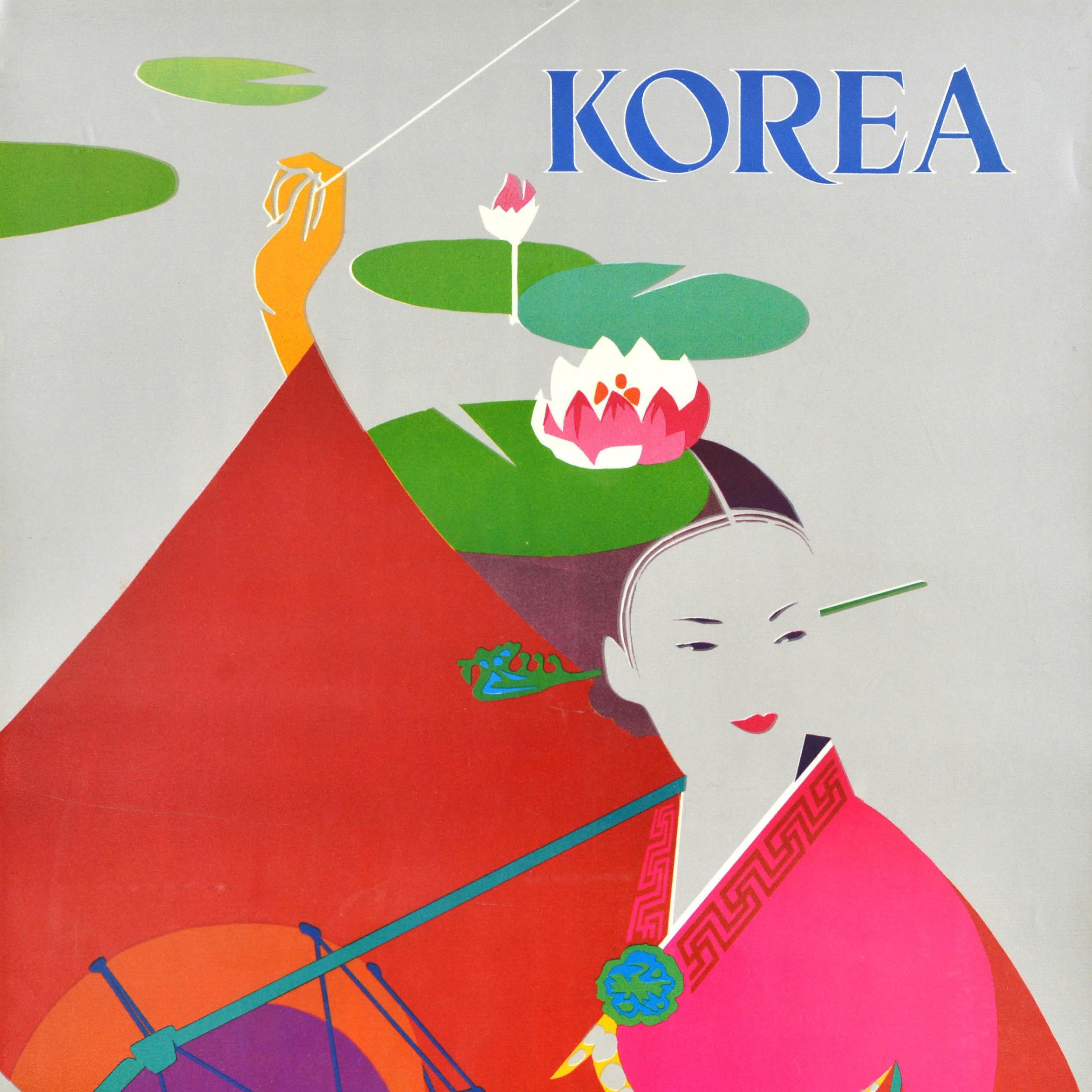 South Korean Original Vintage Asia Travel Poster Korea Hanbok Traditional Costume Water Lily For Sale