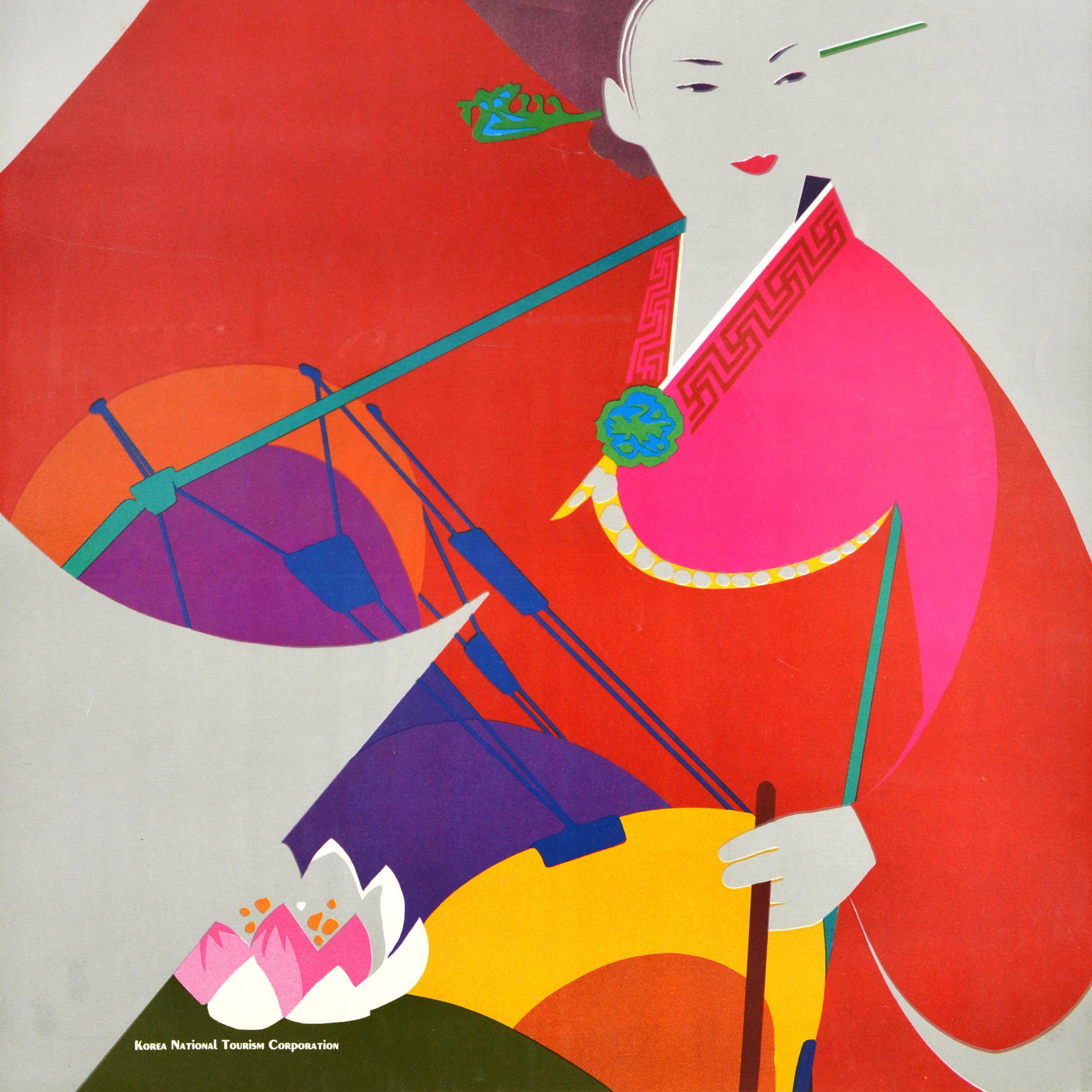 Original Vintage Asia Travel Poster Korea Hanbok Traditional Costume Water Lily In Good Condition For Sale In London, GB