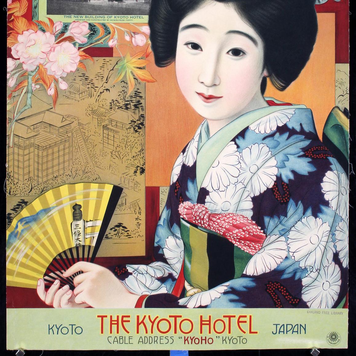 Poster di viaggio originale d'epoca per l'Asia Kyoto Hotel Giappone Kansai Honshu Nippon In condizioni buone in vendita a London, GB