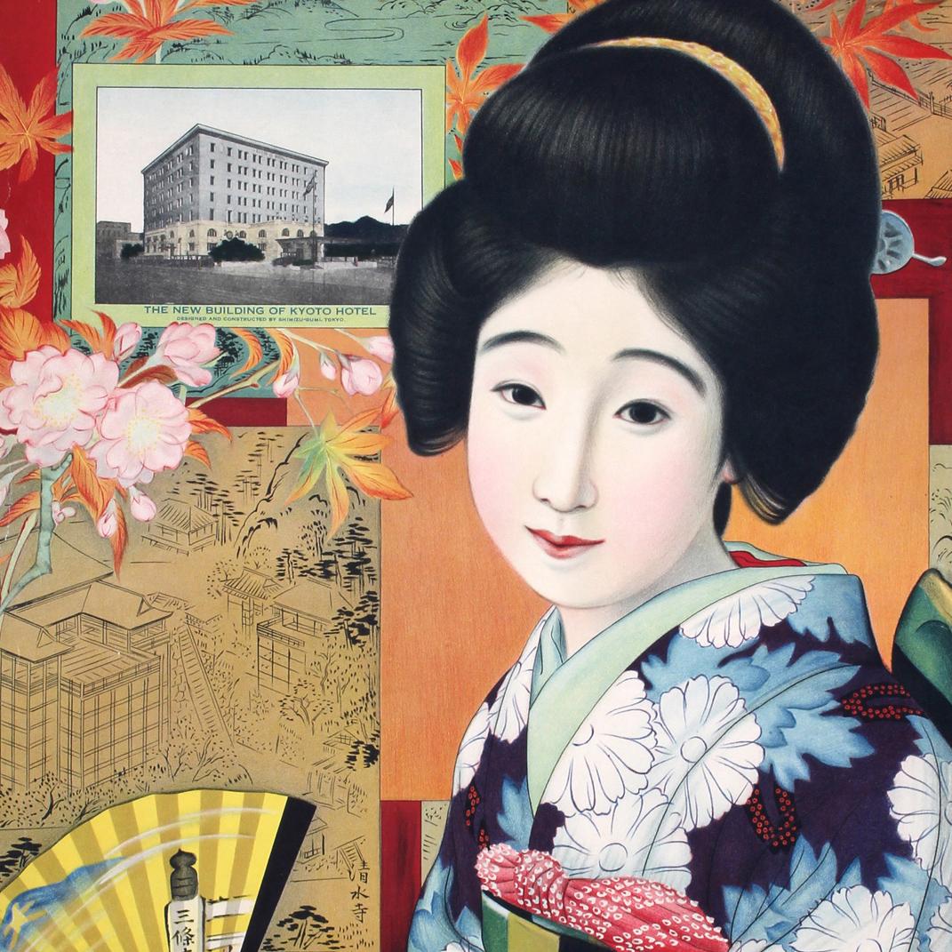 Metà XX secolo Poster di viaggio originale d'epoca per l'Asia Kyoto Hotel Giappone Kansai Honshu Nippon in vendita