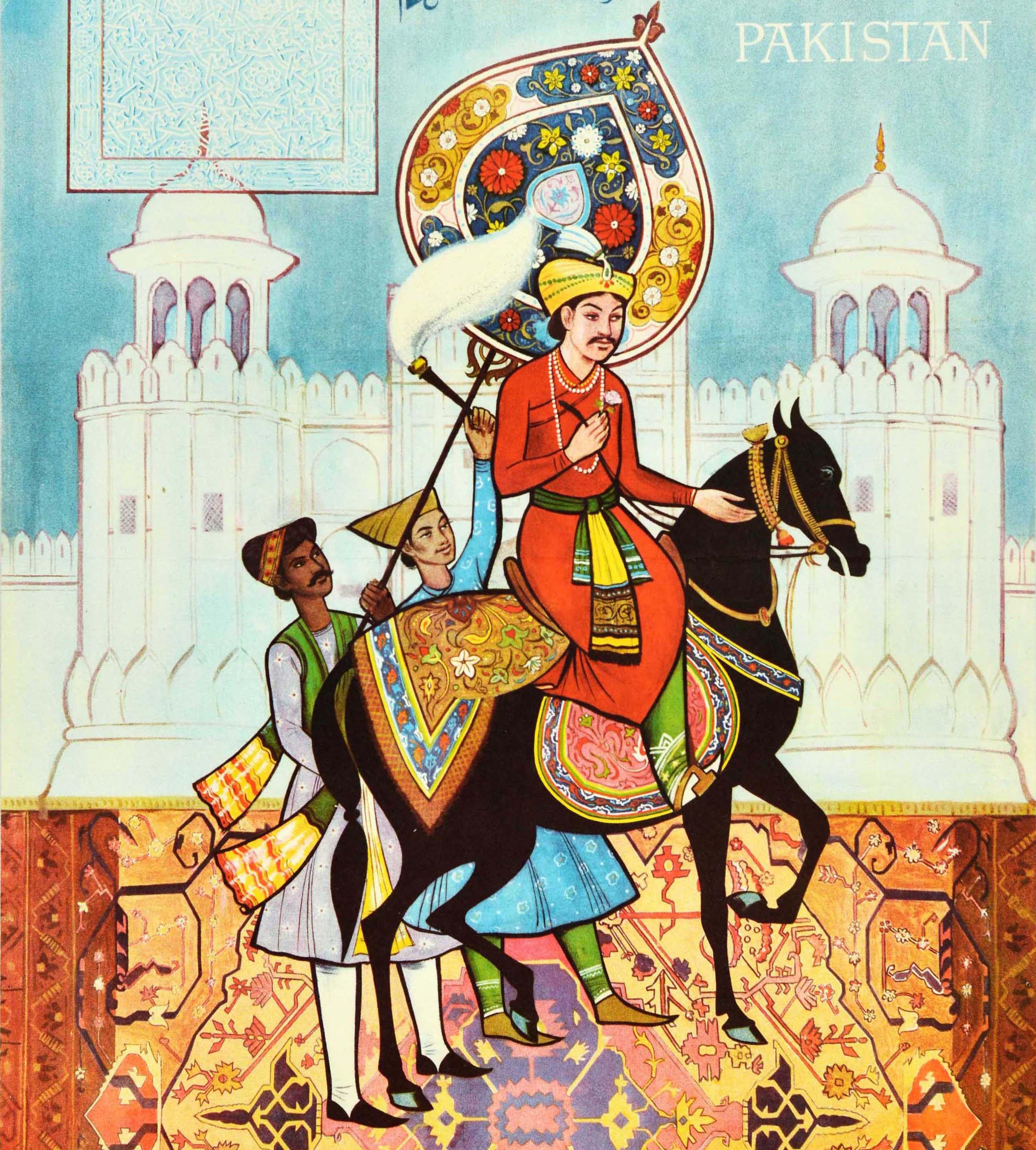 Poster di viaggio originale d'epoca che pubblicizza il Forte di Akbers a Lahore, in Pakistan, edito dall'Ufficio del Turismo, Ministero del Commercio, Governo del Pakistan. Grande immagine del leader dell'Impero Mughal del XVI secolo, Akbar