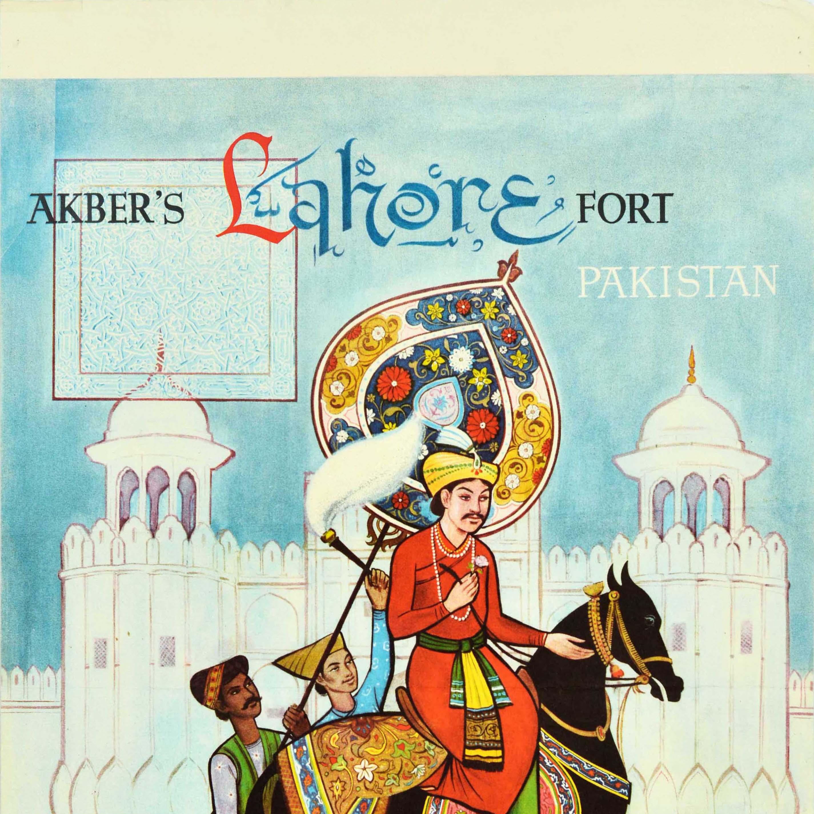 Pakistano Poster di viaggio originale dell'Asia d'epoca Lahore Pakistan Akbers Fort Impero Mughal in vendita