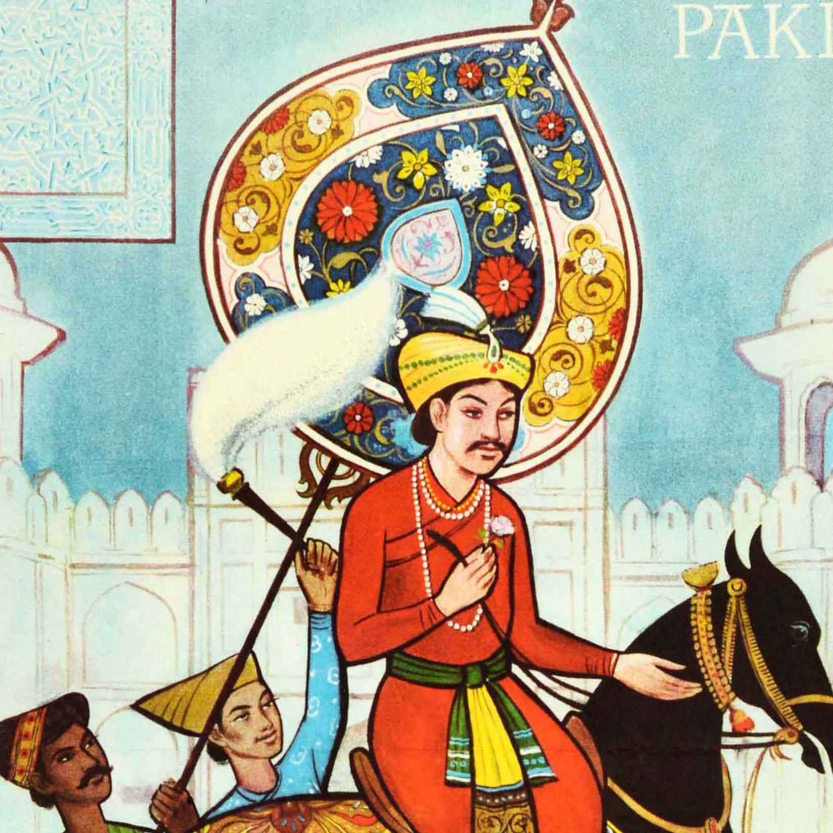 Metà XX secolo Poster di viaggio originale dell'Asia d'epoca Lahore Pakistan Akbers Fort Impero Mughal in vendita