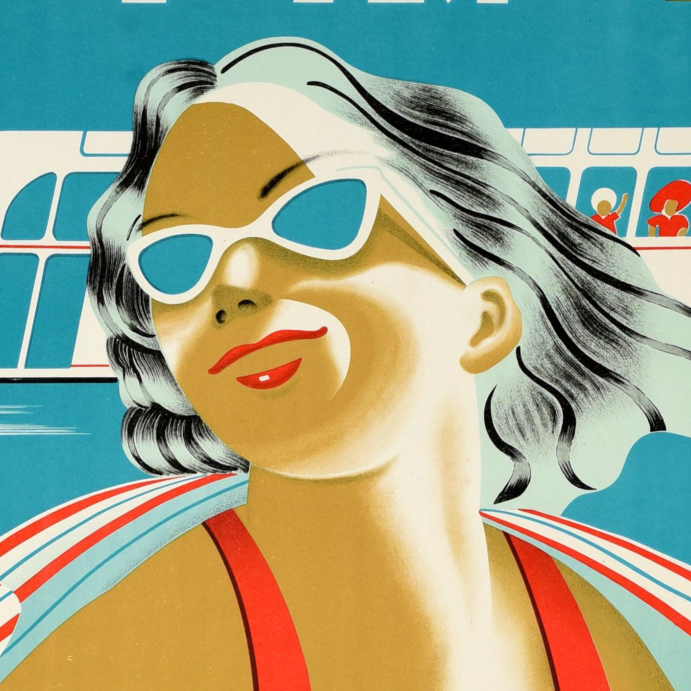 Original vintage travel poster for Lake Biwa in Japan advertising group trips to the swimming lake by comfortable tour bus featuring a smiling lady wearing sunglasses and a red swimsuit with a colourful towel over her shoulders in front of a bus