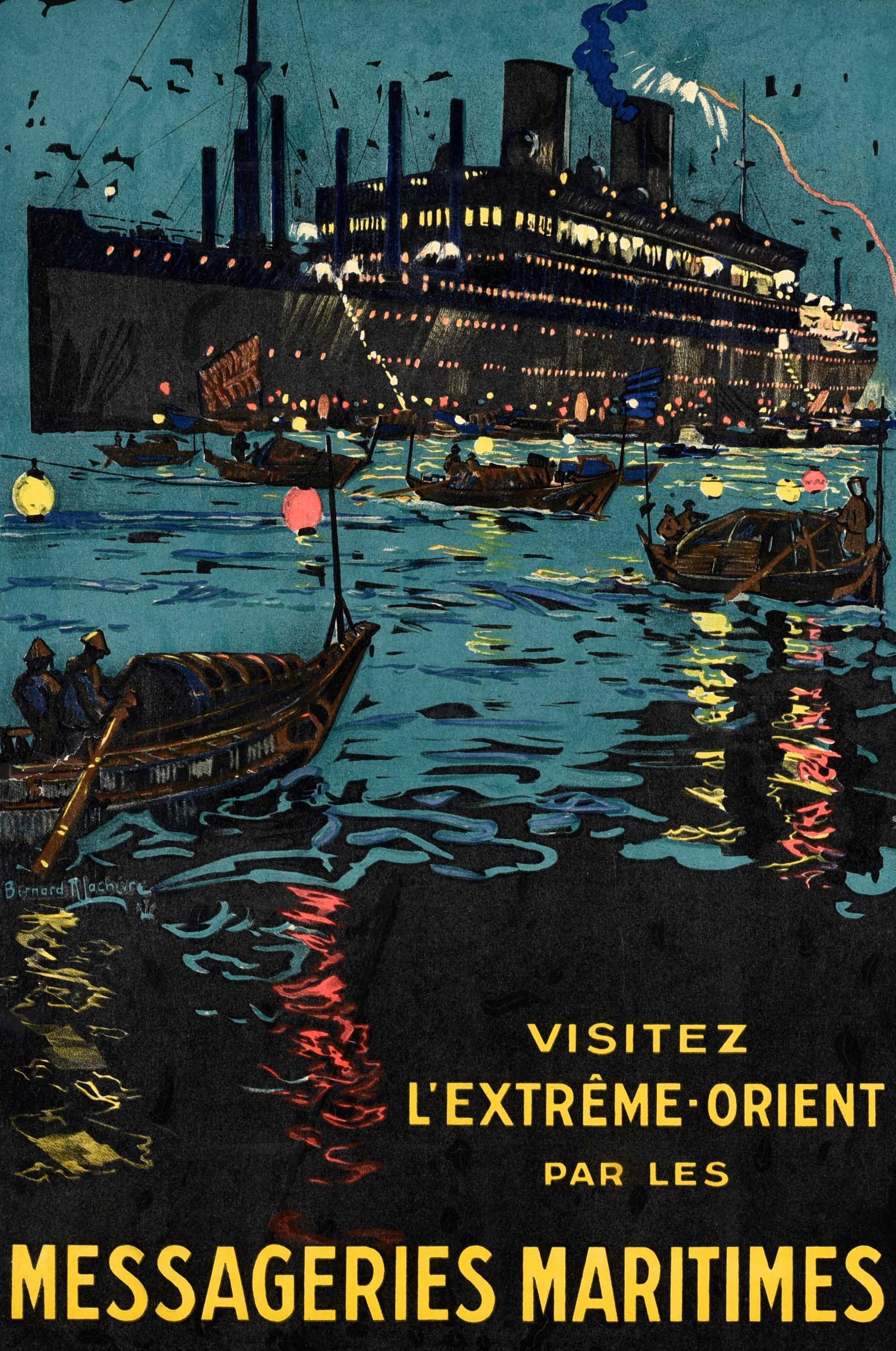 Originalplakat für eine Kreuzfahrt nach Asien - Visitez L'Extreme-Orient Par Les Messageries Maritimes / Visit the Far East by Messageries Maritimes - mit einem Kunstwerk von Bernard Lachevre (1885-1950) eines nächtlichen Ozeandampfers, bei dem sich