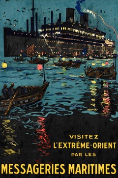 Cartel de Viaje Vintage Original Messageries Maritimes Far East Shipping French