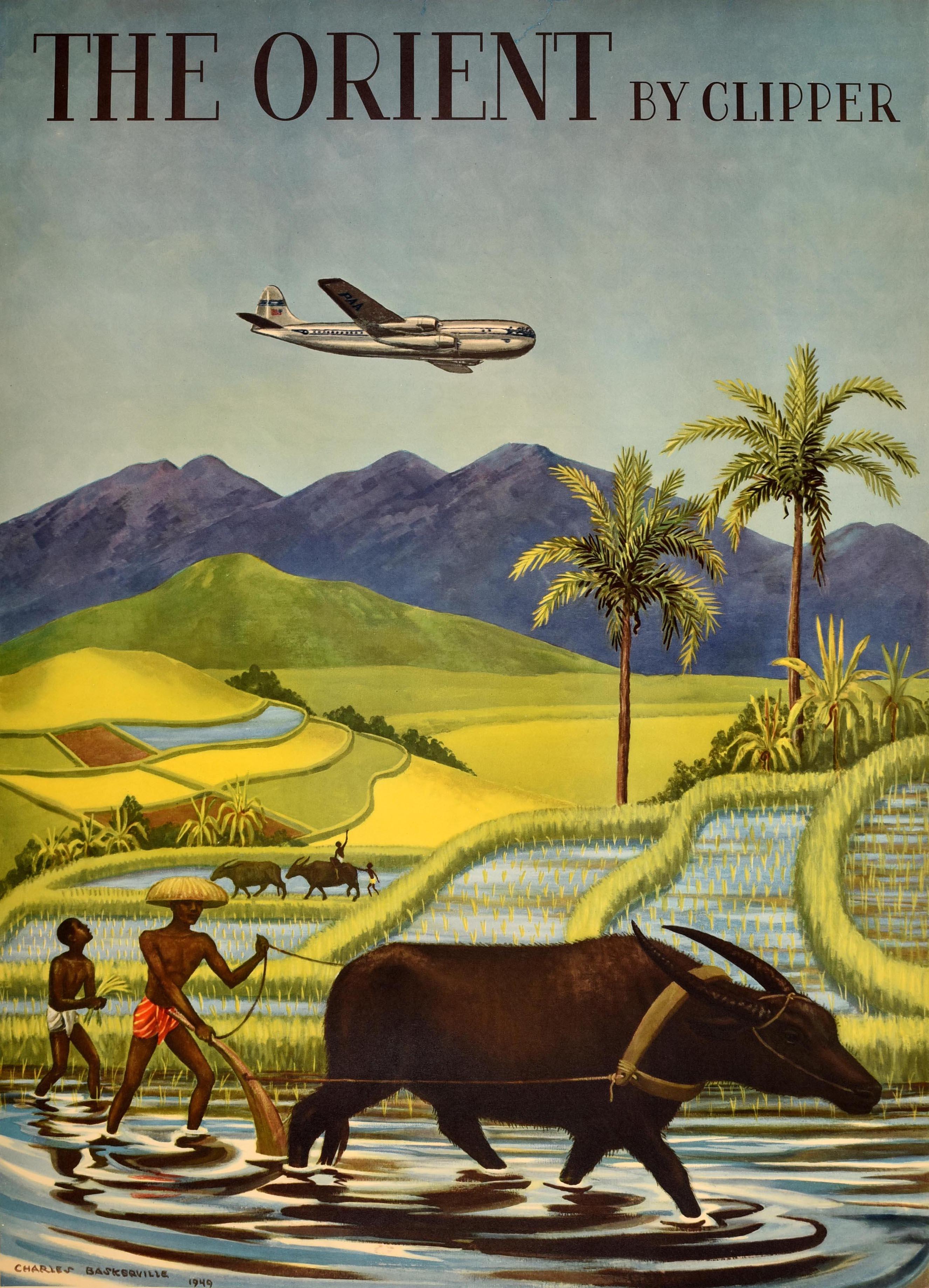 Original vintage Asia travel poster for The Orient by Clipper Pan American World Airways The World's Most Experienced Airline featuring artwork by Charles Baskerville (1896-1994) depicting men working on the paddy fields farming rice with the help