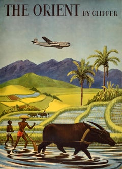 Original Vintage Asia Travel Poster Pan Am The Orient By Clipper Rice Fields