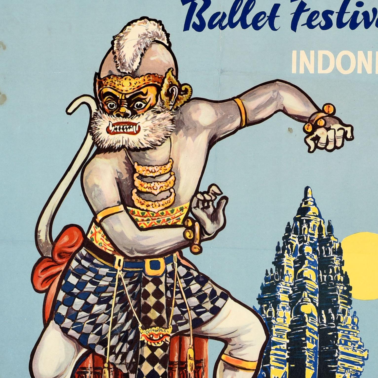 Original vintage travel advertising poster for the Ramayana Ballet Festival Indonesia every full moon June-October featuring a monkey god dance performance with an ancient temple and a bright moon shining in the background, the text on the side