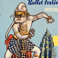 Original Vintage Asia Travel Poster Ramayana Ballet Festival Indonesia Temple