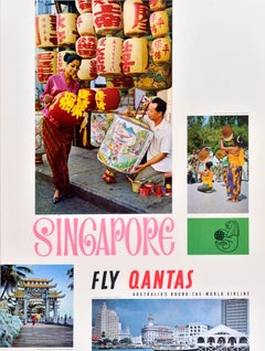 Original Vintage Asia Travel Poster Singapore Fly Qantas Merlion Harbour