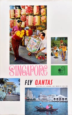 Original Vintage Asia Travel Poster Singapore Fly Qantas Merlion Harbour