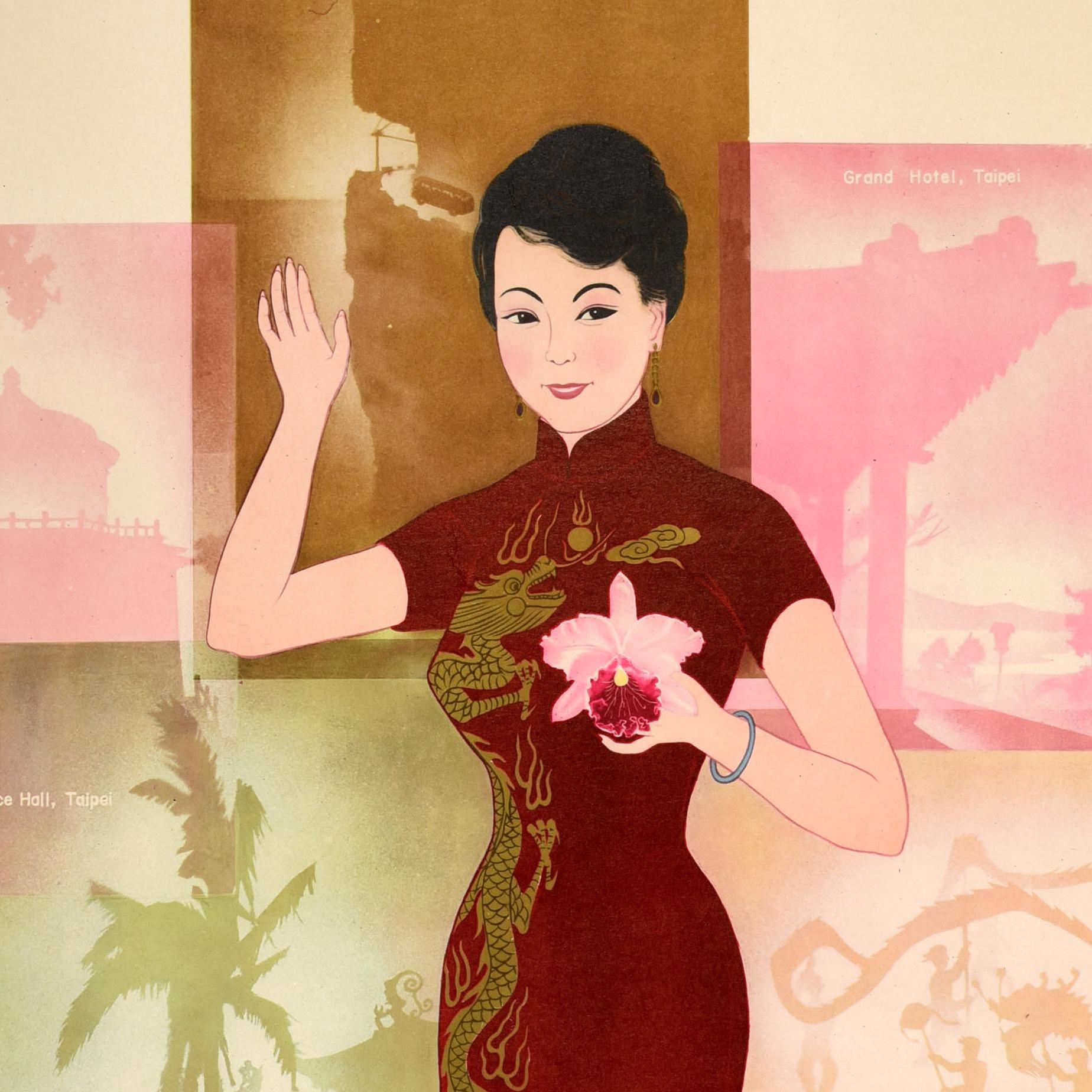 Affiche de voyage originale pour Taïwan, République de Chine, émise par l'Association des visiteurs de Taïwan, représentant une dame portant une robe cheongsam traditionnelle rouge ornée d'un dragon sur le côté, tenant une fleur, souriant et saluant