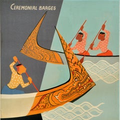 Original Vintage Asia Travel Poster Thailand Ceremonial Barges Chao Phraya River