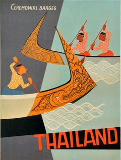 Original Vintage Asia Travel Poster Thailand Ceremonial Barges Chao Phraya River