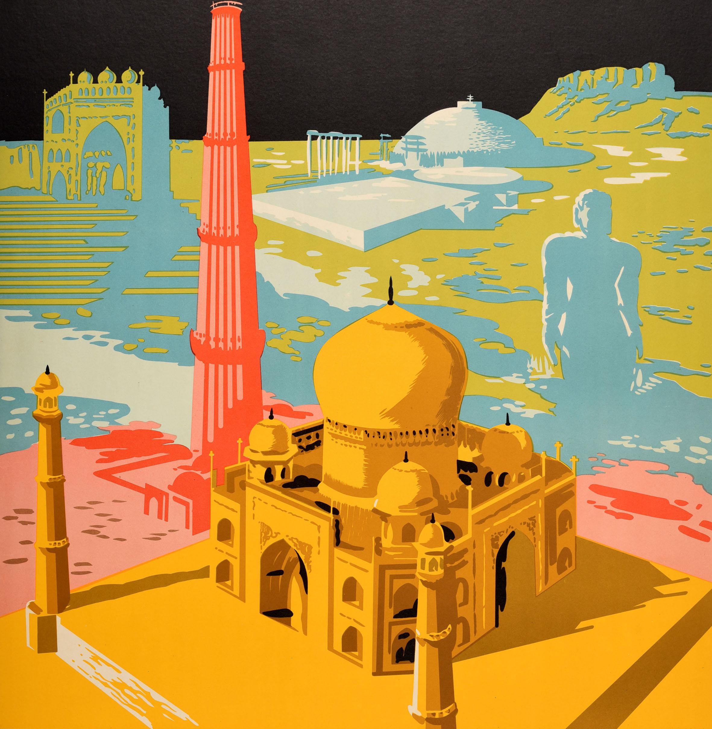 Original vintage travel poster for The Wonderful Land India featuring a colourful design of historical heritage sites and iconic Indian landmarks including the Qutb Minar minaret victory tower (completed 1220) in Delhi, the Taj Mahal (built 1632-53)