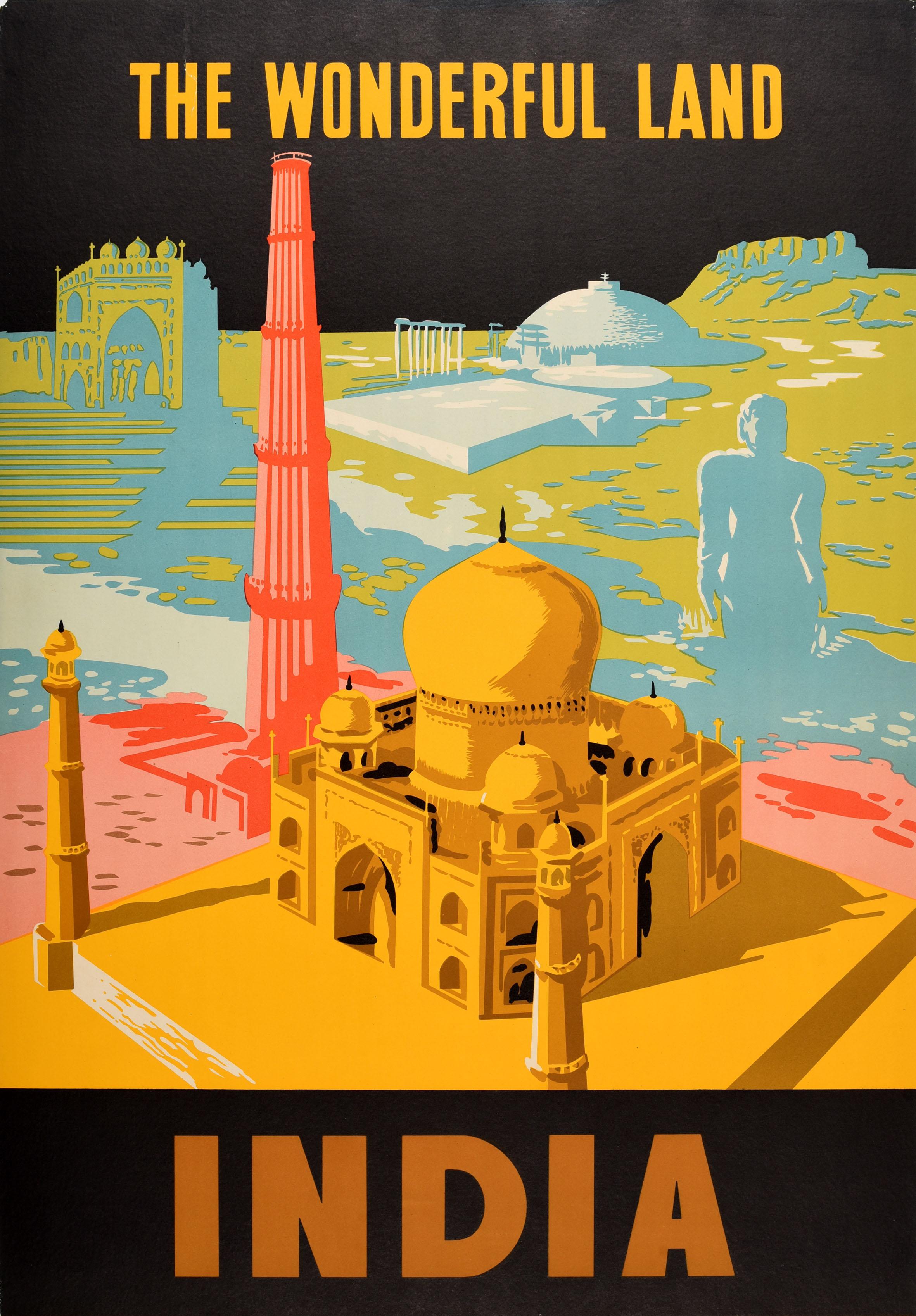 Indian Original Vintage Asia Travel Poster The Wonderful Land India Delhi Taj Mahal For Sale