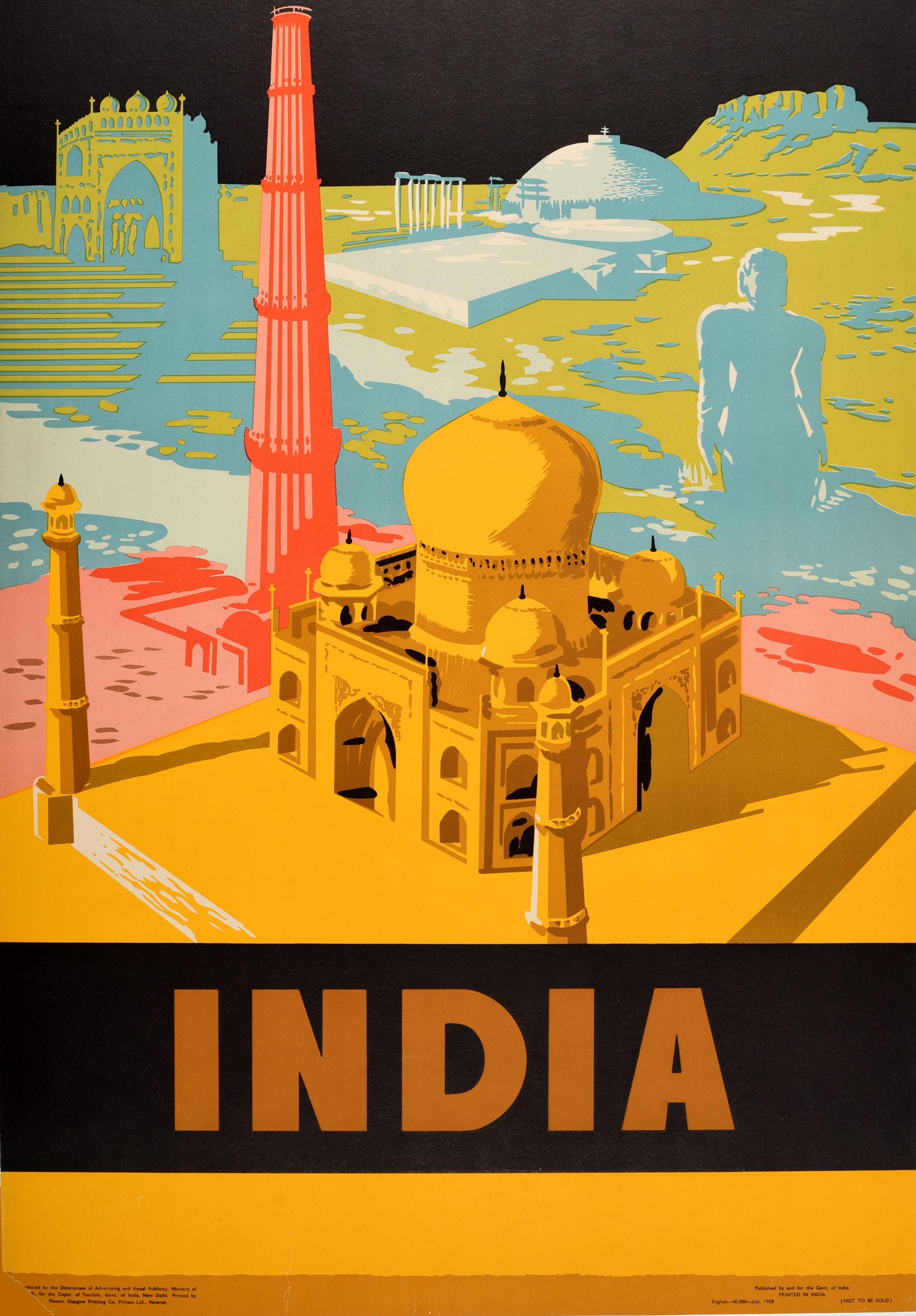 Original Vintage Asia Travel Poster The Wonderful Land India Delhi Taj Mahal In Good Condition For Sale In London, GB