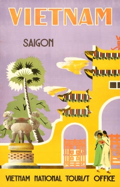Original Vintage Asia Travel Poster Vietnam Saigon Ho Chi Minh City
