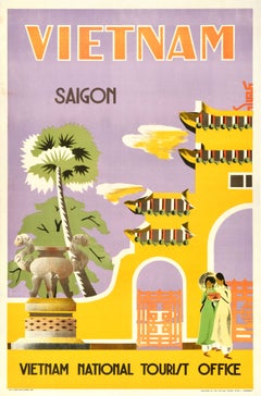 Original Vintage Asia Travel Poster Vietnam Saigon Ho Chi Minh City