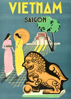 Original Vintage Asia Travel Poster Vietnam Saigon Ho Chi Minh City Temple Lion
