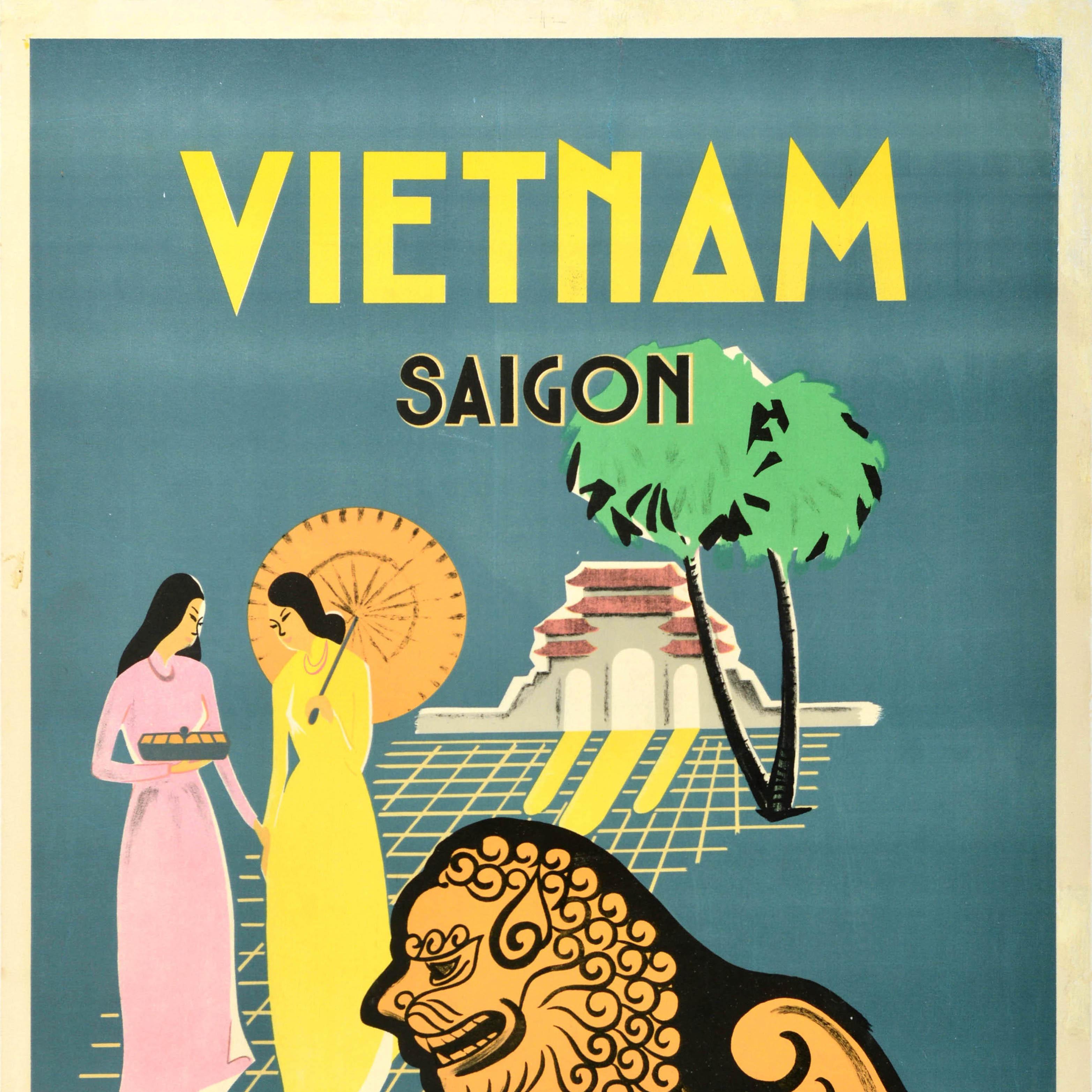 Original Vintage Asiatisches Reiseplakat Vietnam Saigon Ho Chi Minh Stadt Tempellöwe (Vietnamesisch)
