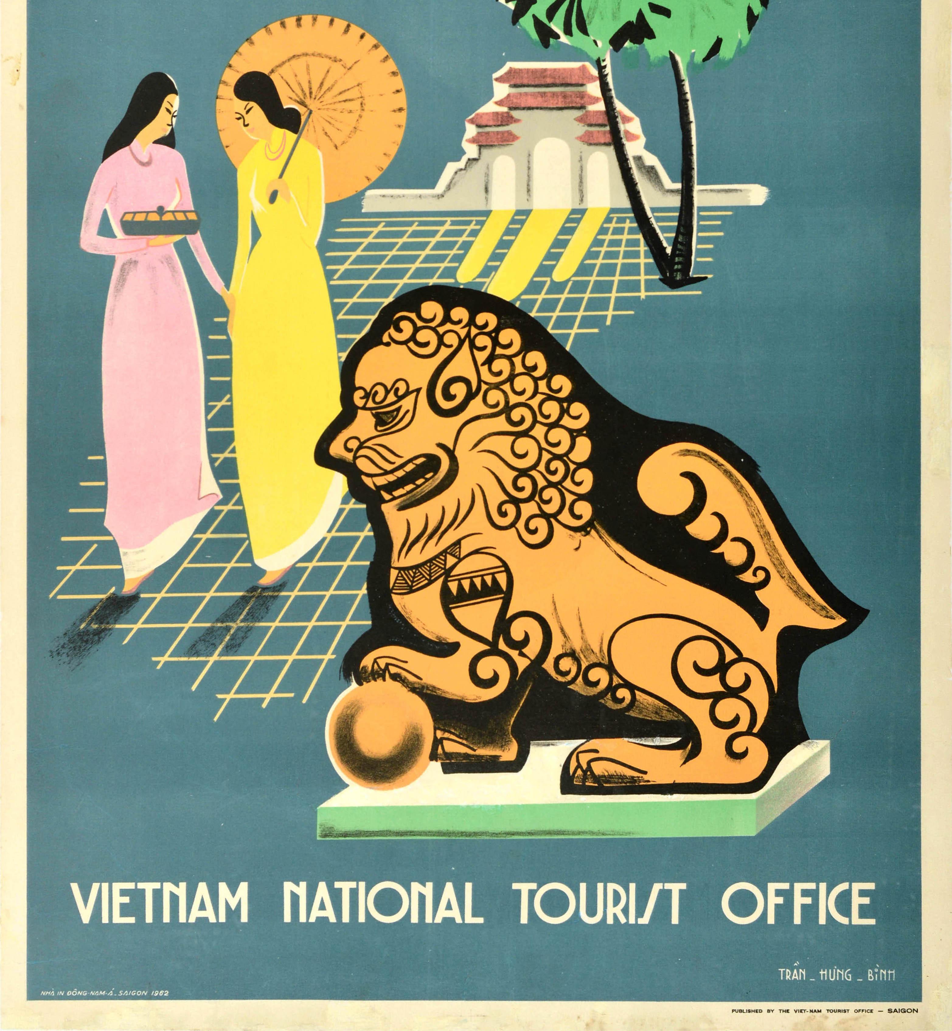 Original Vintage Asiatisches Reiseplakat Vietnam Saigon Ho Chi Minh Stadt Tempellöwe im Zustand „Relativ gut“ in London, GB