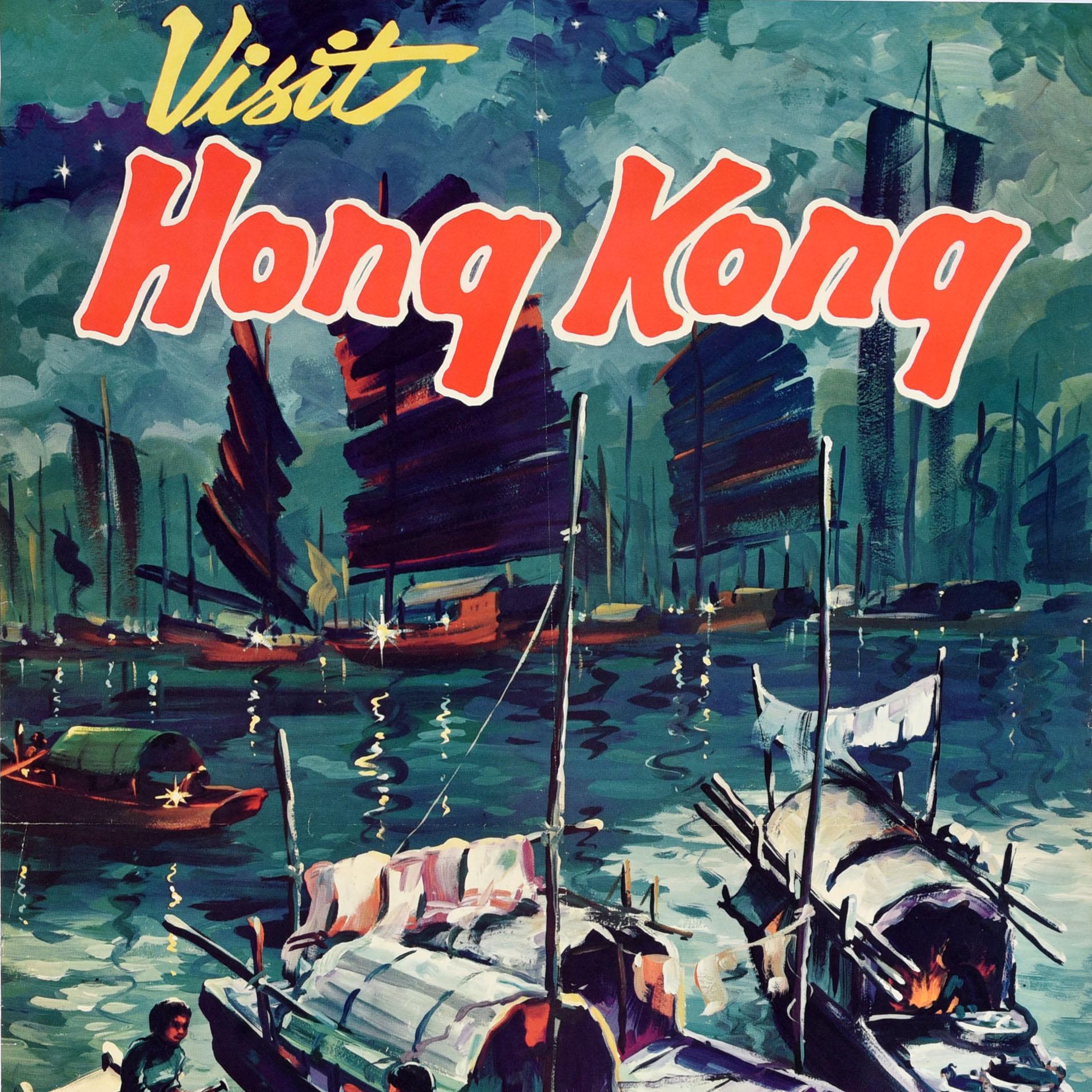 Original Vintage Asiatisches Reiseplakat, Besuch in Hongkong, Junk Boats Night Harbour, Vintage im Zustand „Gut“ im Angebot in London, GB