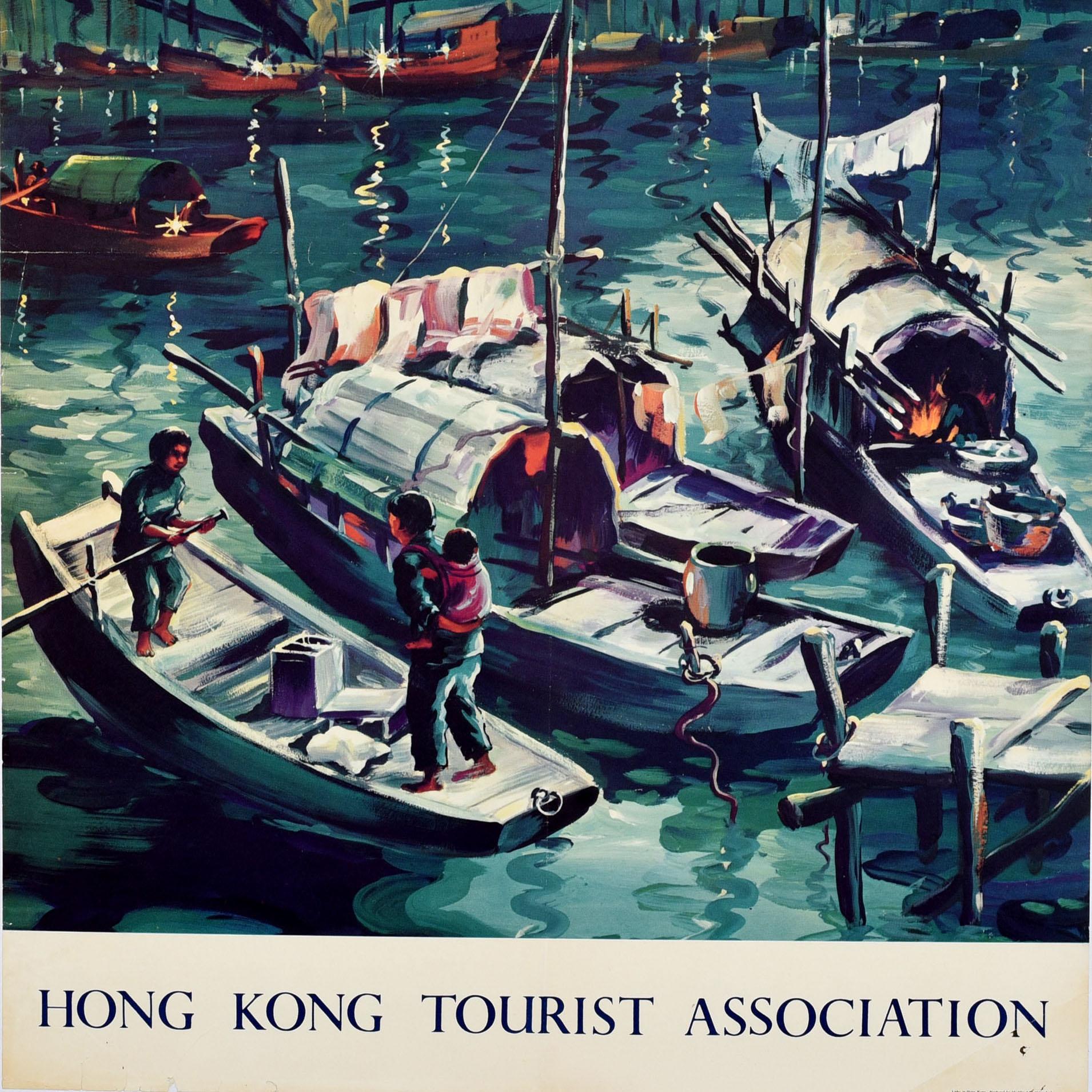 Original Vintage Asiatisches Reiseplakat, Besuch in Hongkong, Junk Boats Night Harbour, Vintage (Mitte des 20. Jahrhunderts) im Angebot