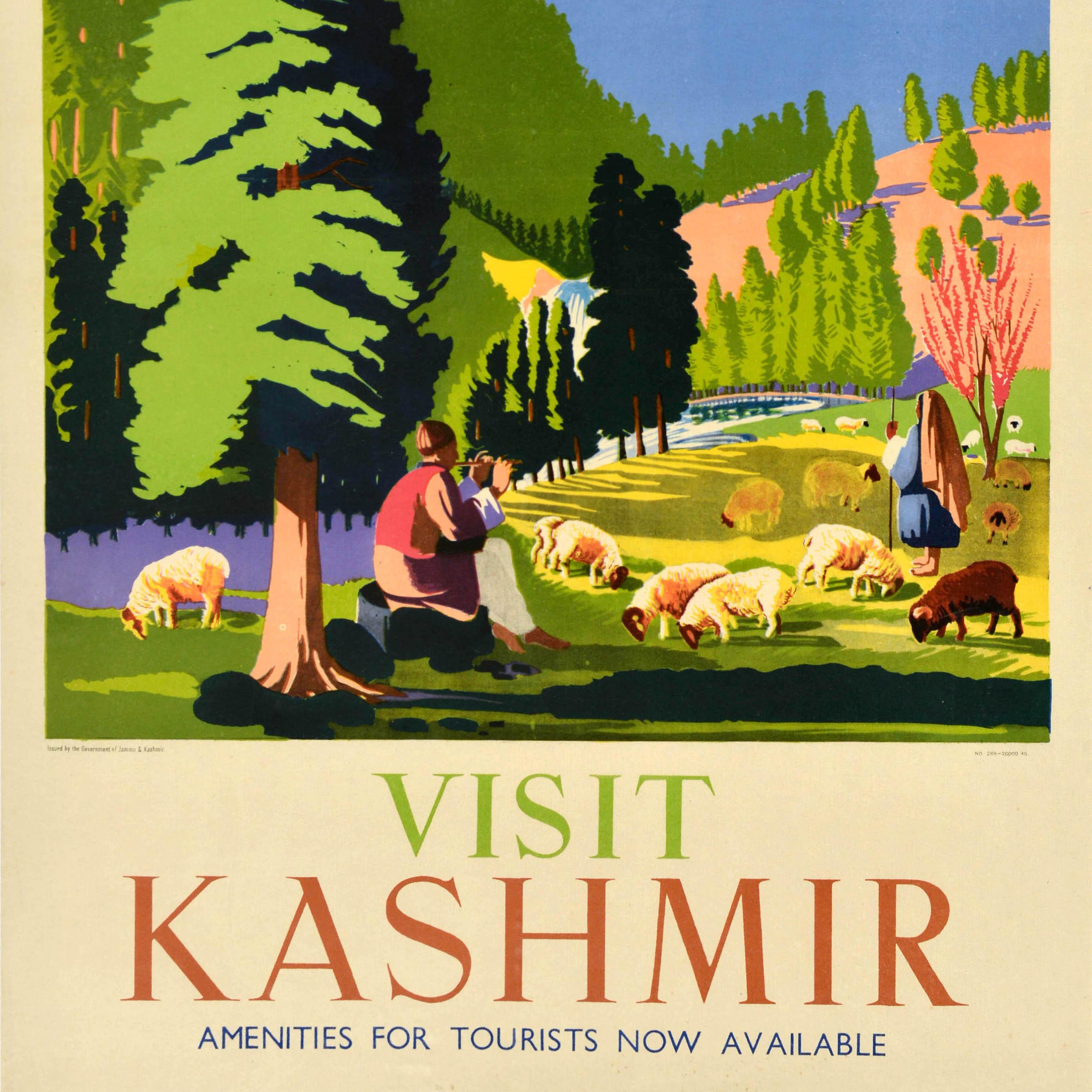 Original Vintage Asia Travel Poster Visit Kashmir India Sheep Shepherd Himalayas In Good Condition For Sale In London, GB