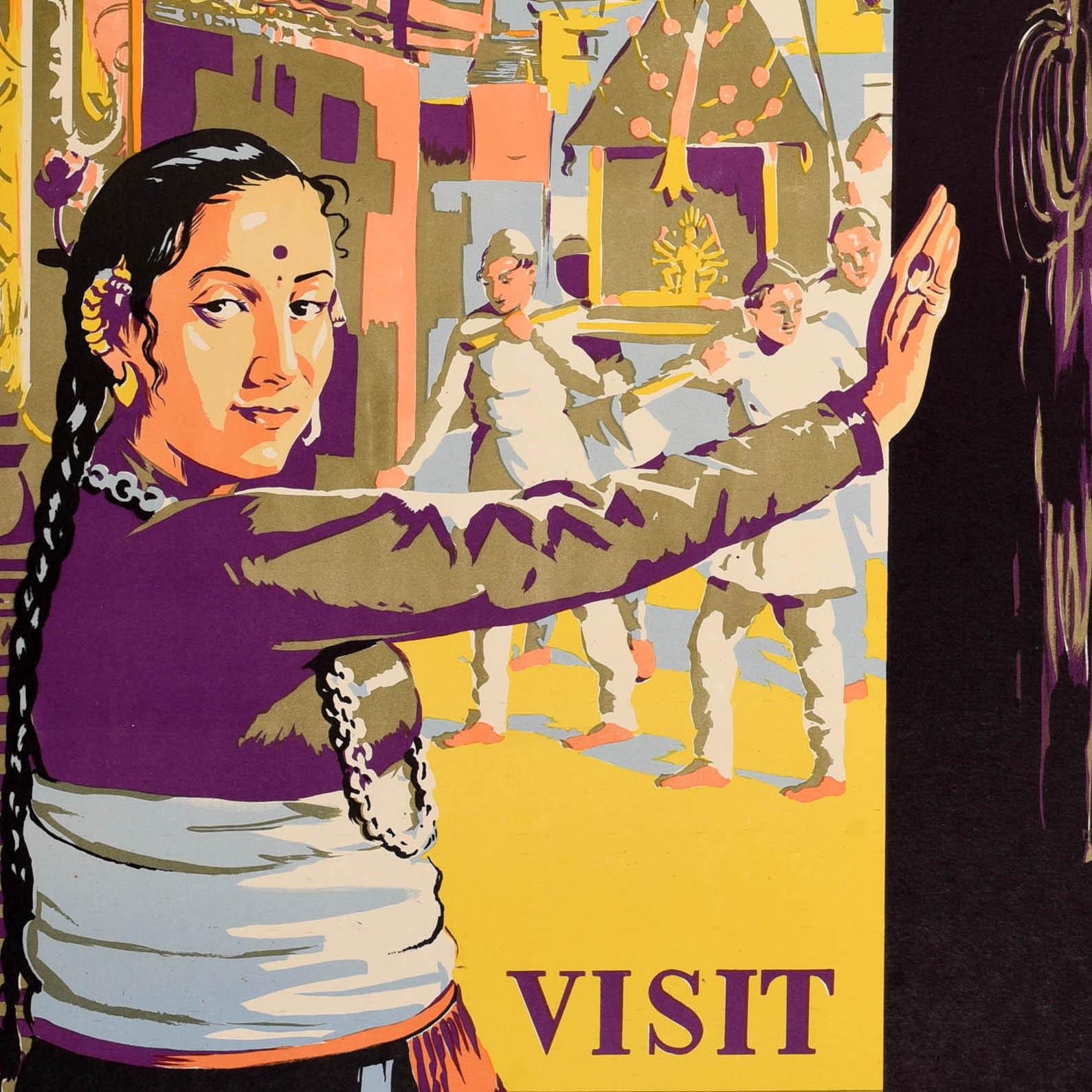 Original vintage Asia travel poster - Visit Kathmandu - featuring colourful artwork of a lady holding a door open for the viewer to reveal a procession walking in front of a Buddhist temple with snow topped mountains in the background, an eye