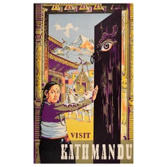 Original Vintage Asia Travel Poster Visit Kathmandu Nepal Buddhist Temple