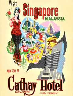 Original Vintage Asien Reiseplakat Besuch Singapur Malaysia Cathay Hotel