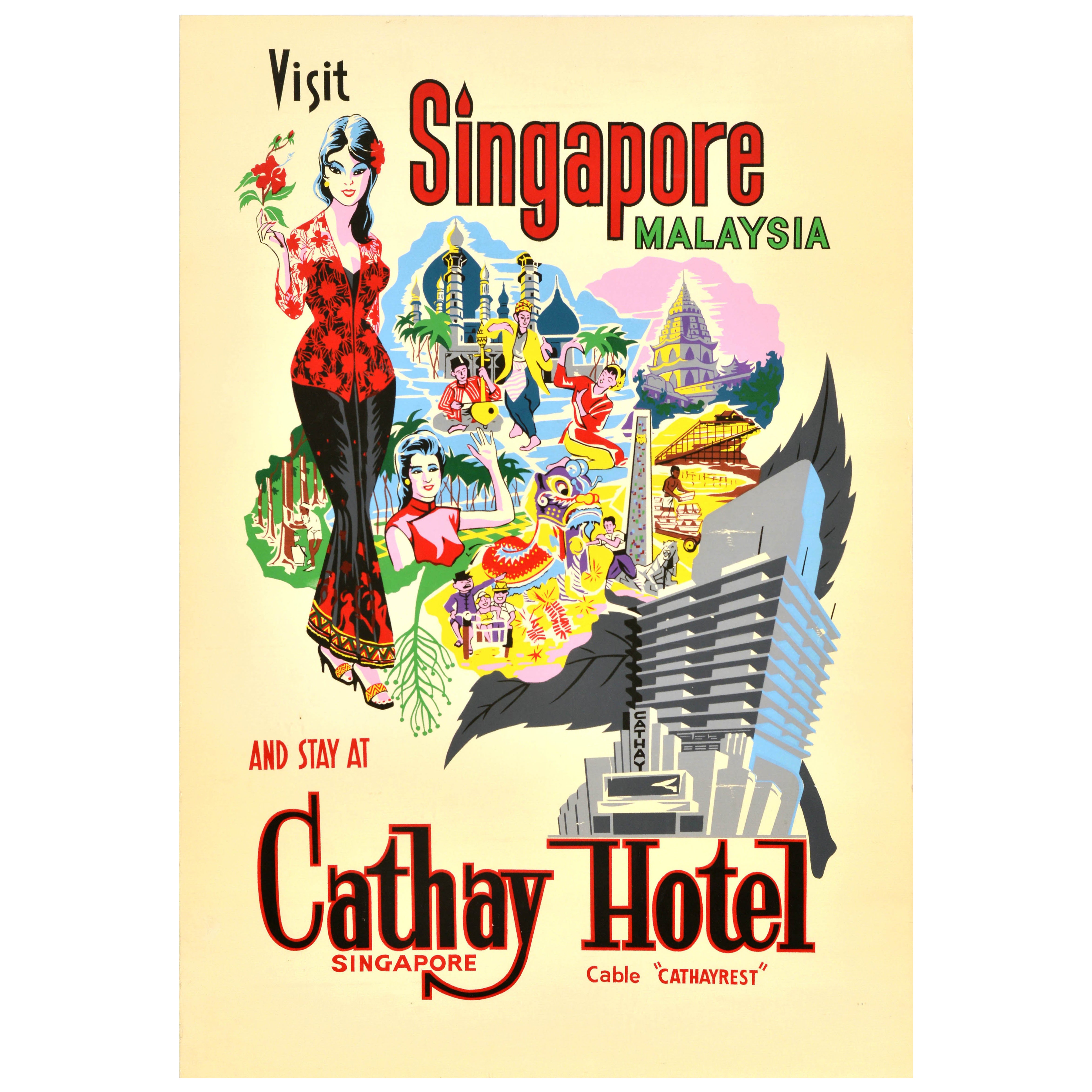 Original Vintage Asien Reiseplakat Besuch Singapur Malaysia Cathay Hotel
