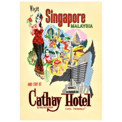 Original Vintage Asia Travel Poster Visit Singapore Malaysia Cathay Hotel