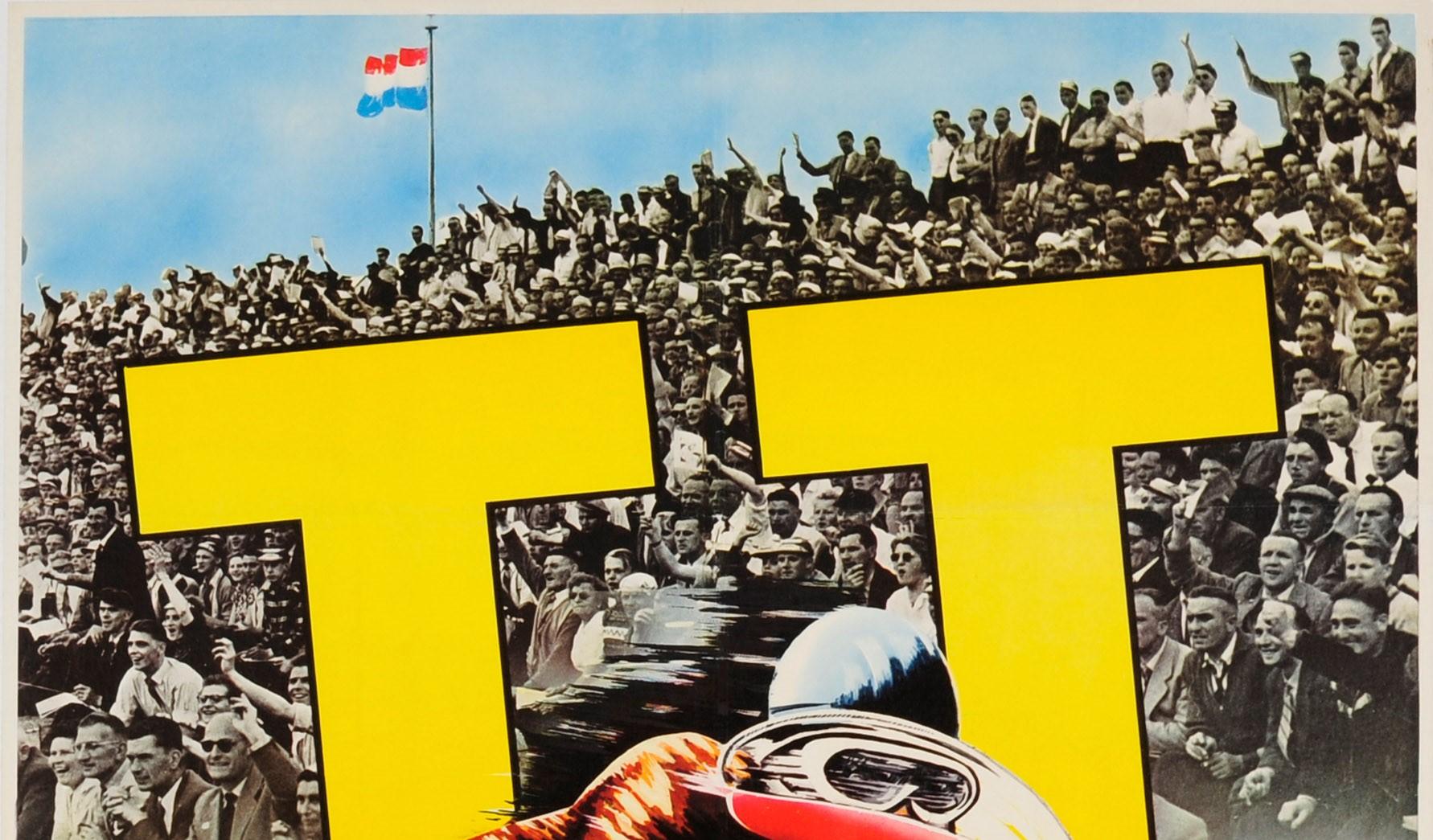 Original vintage sport poster advertising the Dutch TT motor race held in Assen on 26 June 1965. Dynamic artwork featuring a colorful image of a motorbike rider on a motorcycle marked number 7 speeding in front of large TT letters in yellow with a