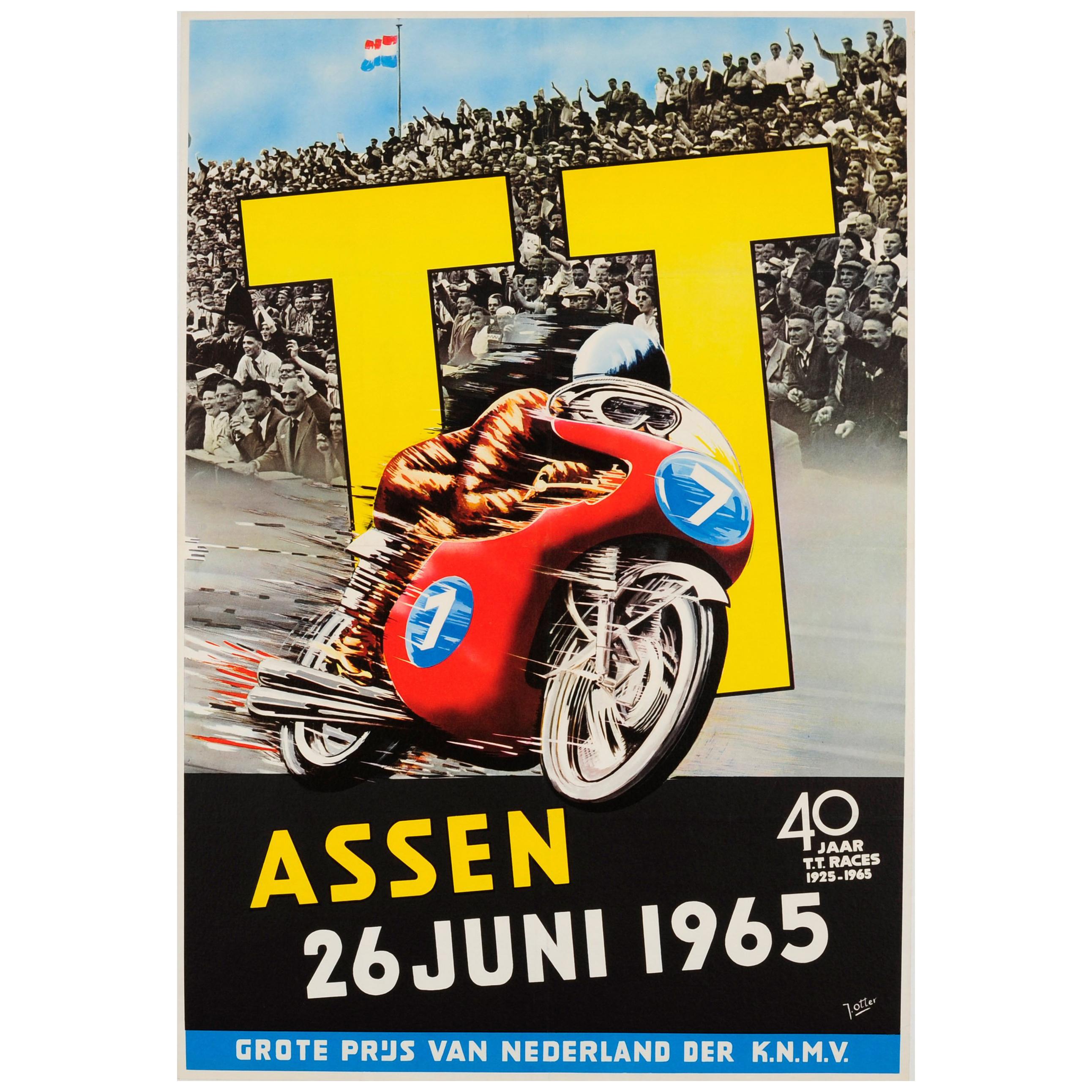 Original Vintage Assen Motorcycle Race Sport Poster 40 Years TT Races 1925-1965