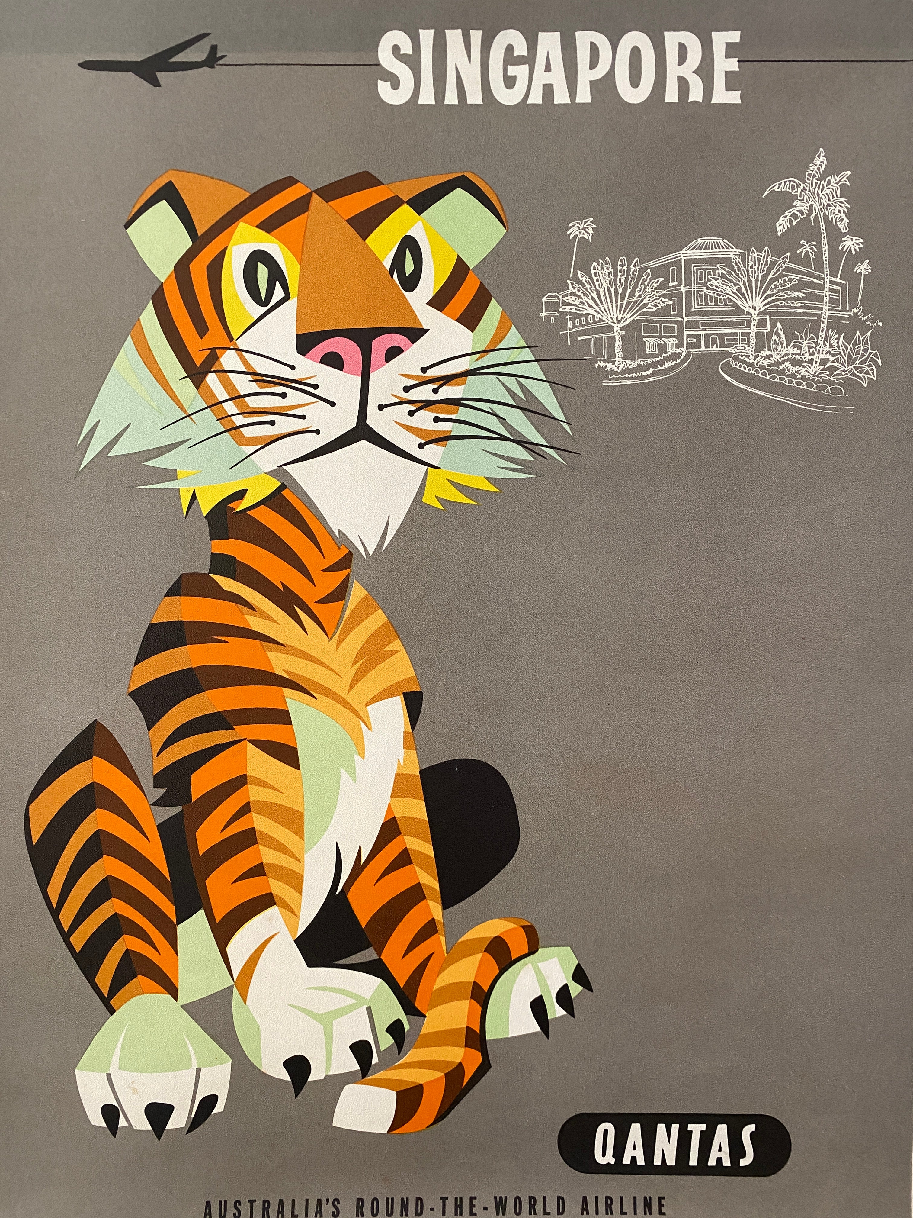Original-Vintage-Reiseplakat der australischen Fluggesellschaft Qantas, um 1959, „Singapur“