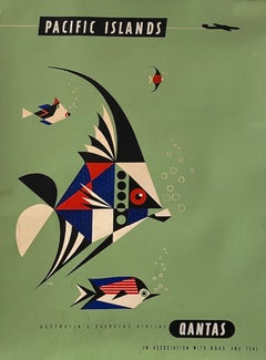 Affiche de voyage australienne vintage originale, vers 1959 « Pacific Islands Qantas »