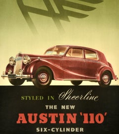 Affiche publicitaire vintage originale d'Austin 110 Sheerline Six Cylinder Car