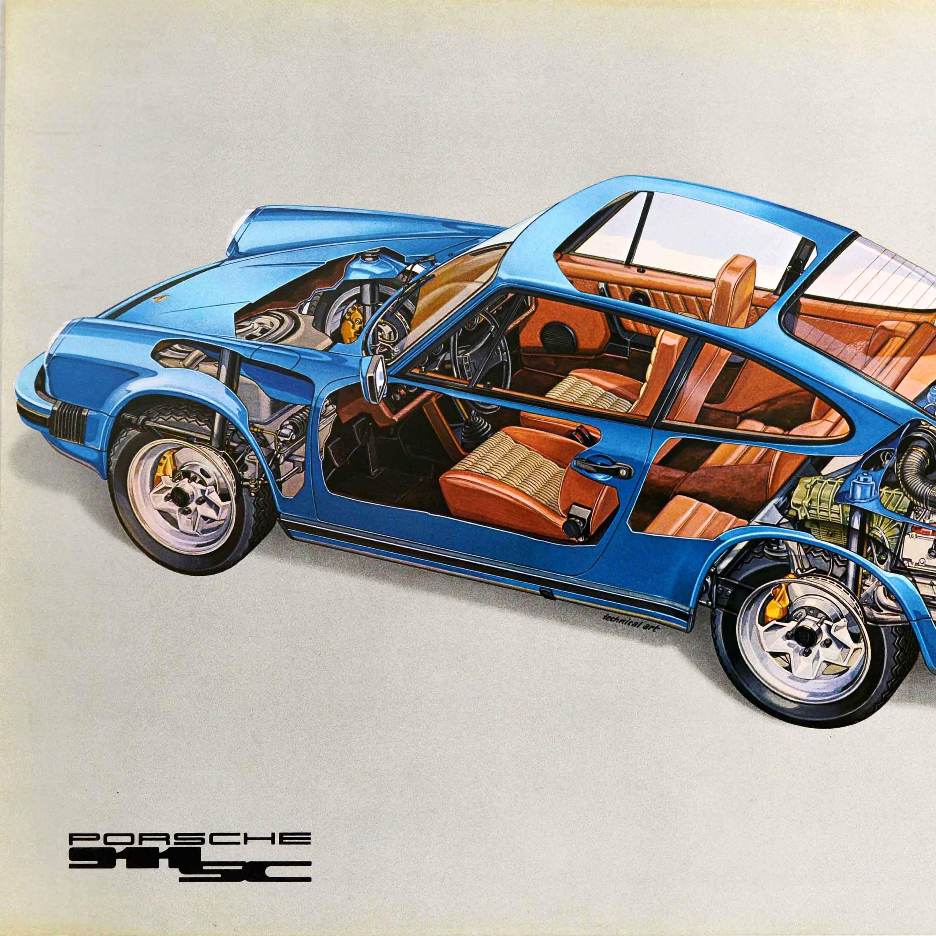 Original vintage car dealership advertising poster - Porsche 911 SC - featuring a cut out design showing the exterior and interior of the sports car viewed from the side and through the roof including the engine and wheels, seating and inner