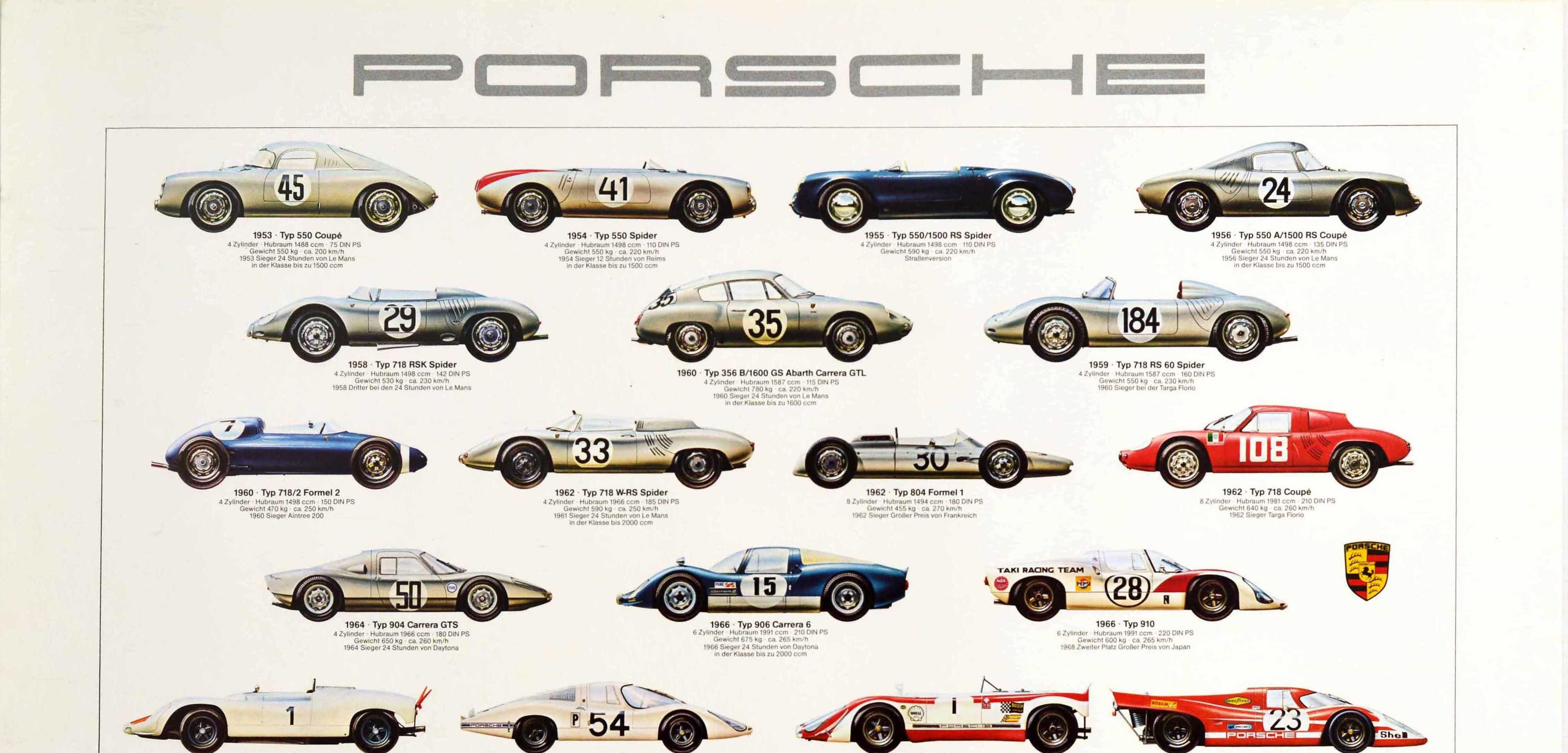 Original vintage advertising poster for Porsche car models depicting various sports cars including Formula One and F2 racing cars produced from the Typ 550 Coupe released in 1953 to the Typ 911 Carrera RSR Turbo released in 1974. Great artwork of