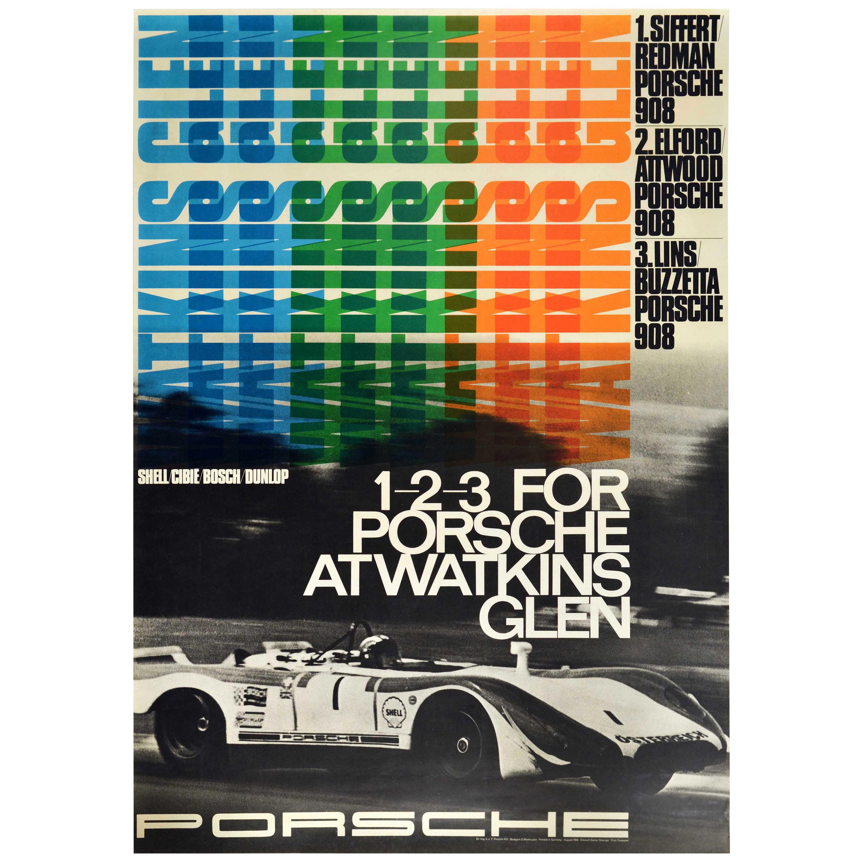 Original Vintage Auto Racing Poster 1-2-3 For Porsche At Watkins Glen Motorsport