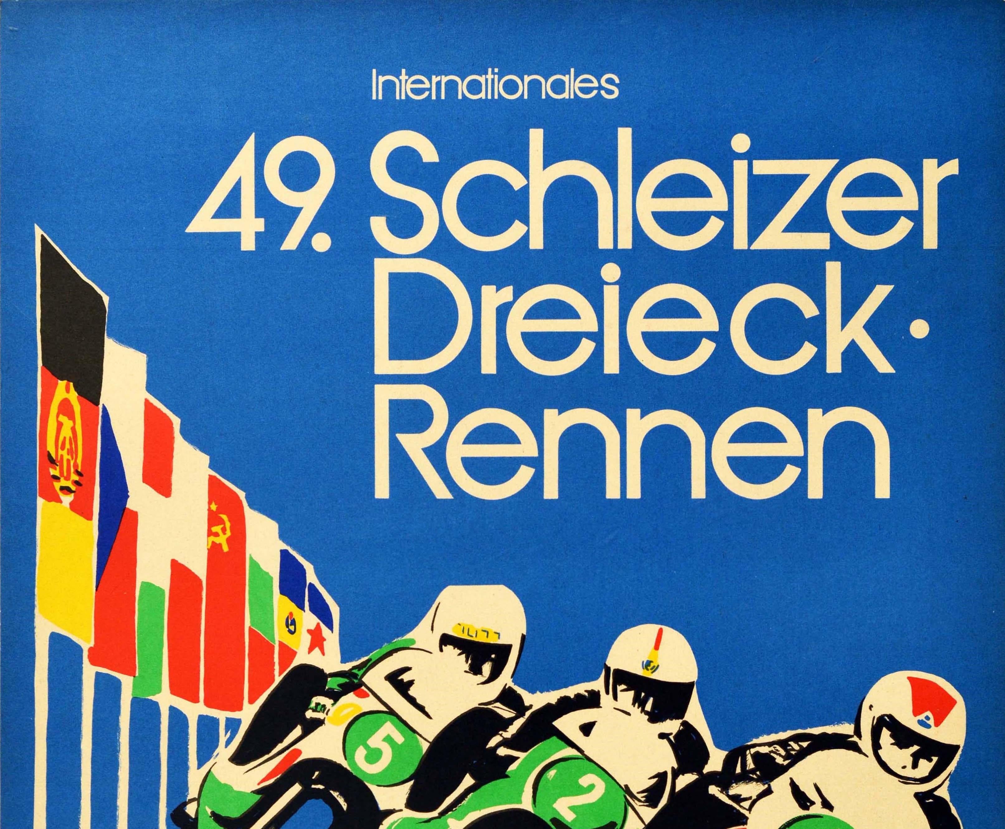 Original vintage motorsport poster for the 49th Schleizer Dreieck Rennen international road race on 6-8 August 1982 featuring a dynamic motorcycle racing image of three riders driving at speed towards the viewer on their motorbikes numbered 5, 2 and