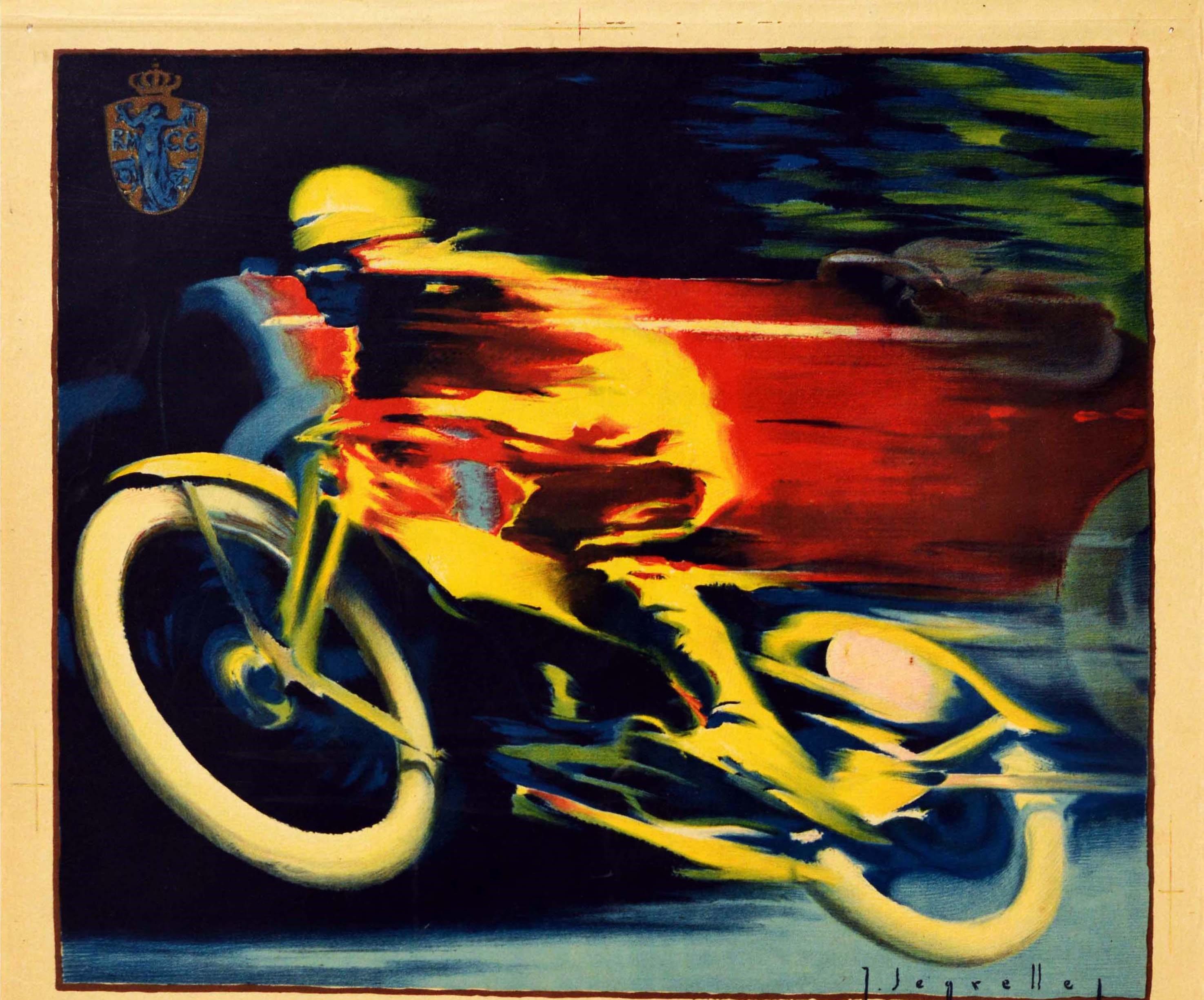 Original vintage motor sport poster for the II Gran Premio de Motocicletas y Sidecars y IV Gran Premio de Autociclos del Reial Moto Club de Catalunya (RMCC; founded 1916) / II Motorcycle Grand Prix and Sidecars and the IV Grand Prix of Motorcycles