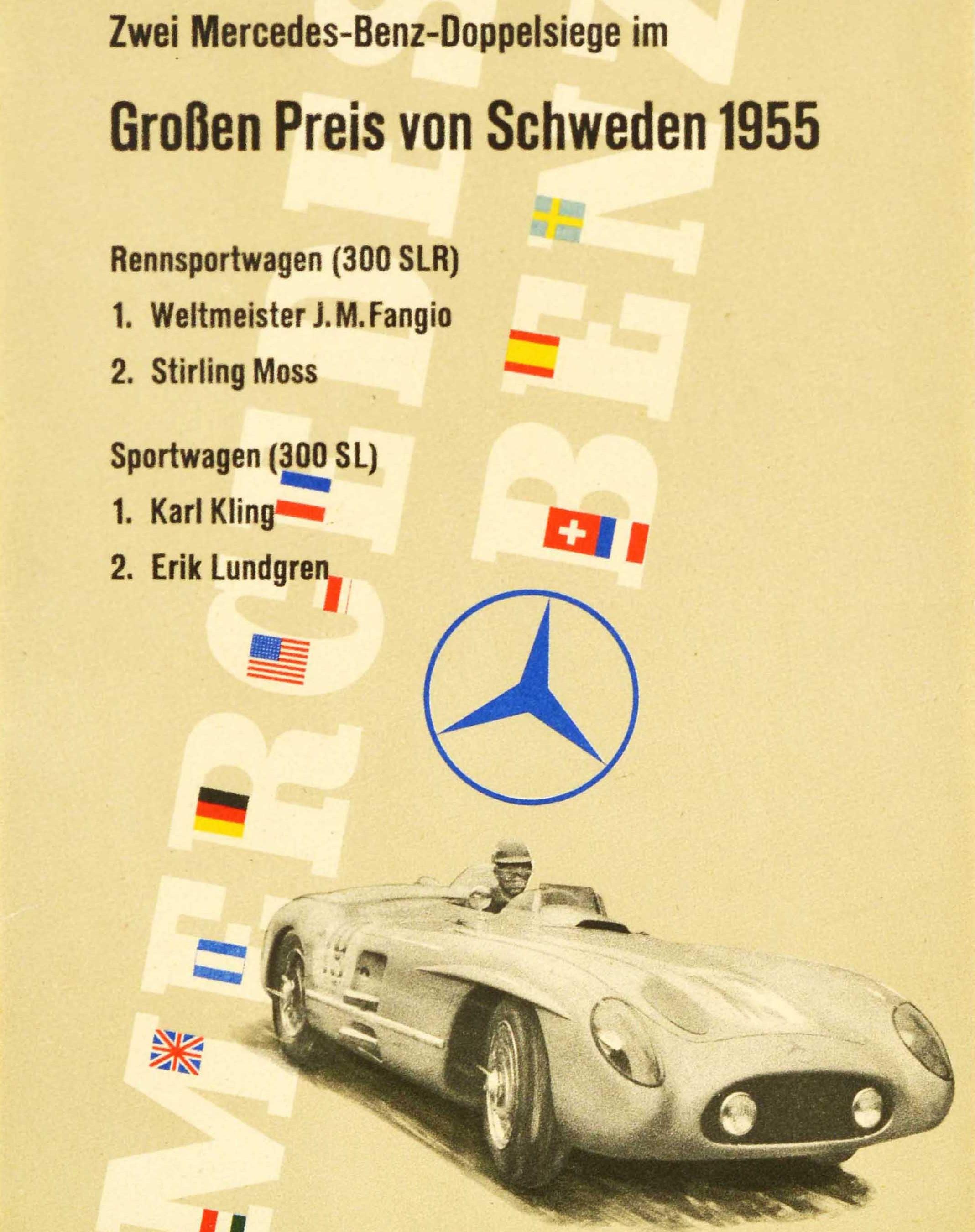 German Original Vintage Auto Racing Poster Mercedes Benz Sweden Grand Prix Motor Sport