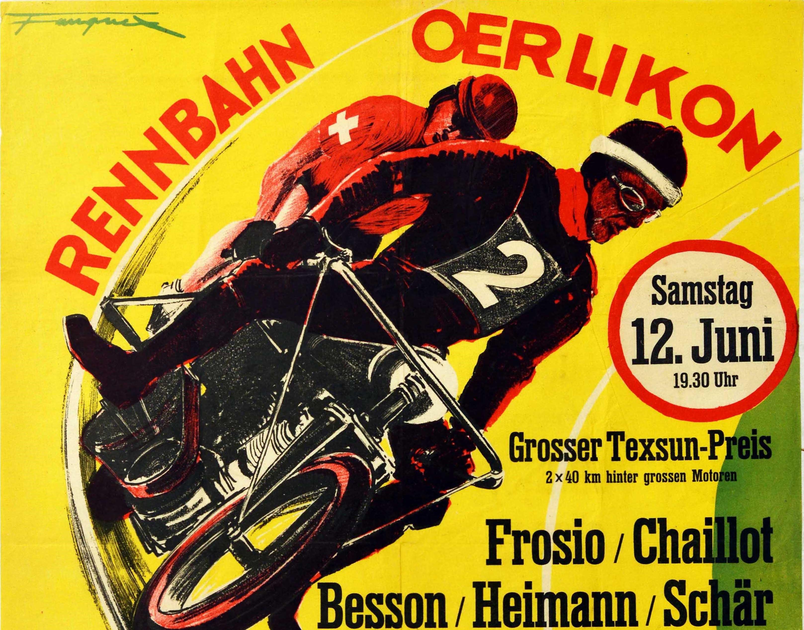 Original vintage motor cycling sport poster for the Rennbahn Oerlikon race featuring an illustration of a man on a motorcycle speeding along the velodrome track in front of a cyclist with the title text and information on the yellow background,