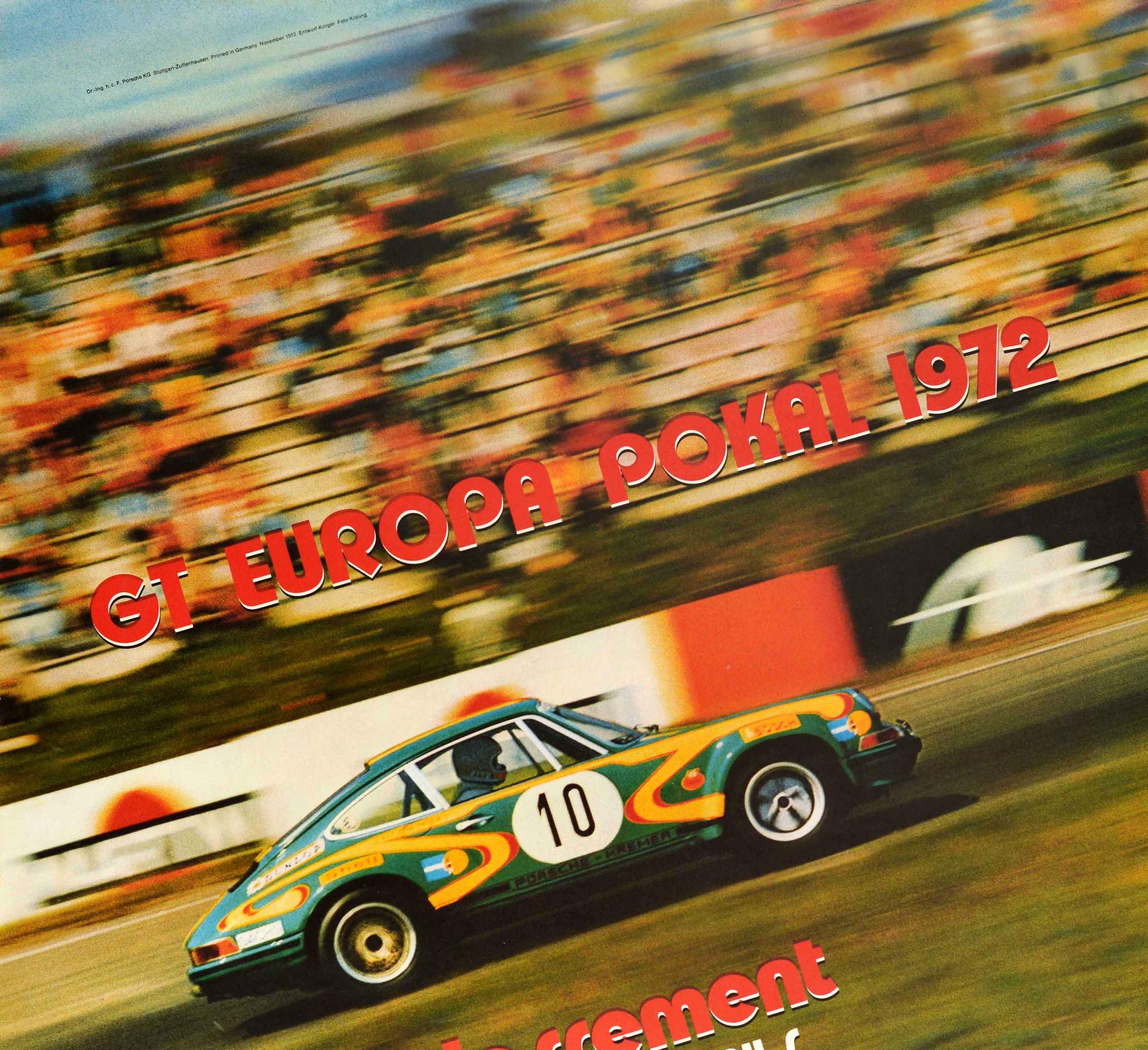 Original vintage motorsport poster for Porsche at the GT Europe Cup / GT Europe Pokal 1972 featuring a dynamic diagonal image of a green Porsche 911S car racing at speed past a crowd of spectators with the stylised title lettering above and overall