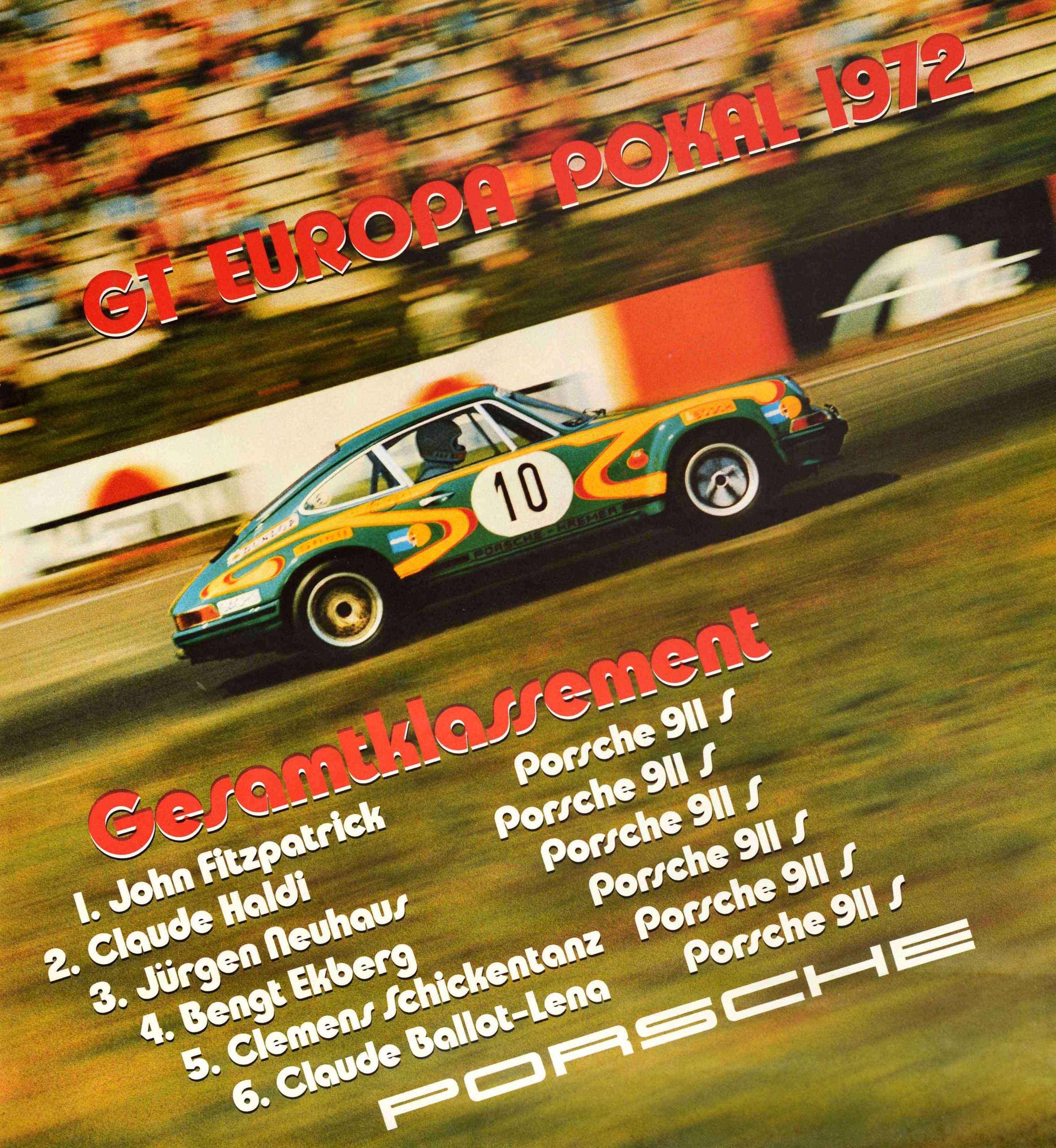 German Original Vintage Auto Racing Poster Porsche 911 GT Europa Pokal 1972 Europe Cup